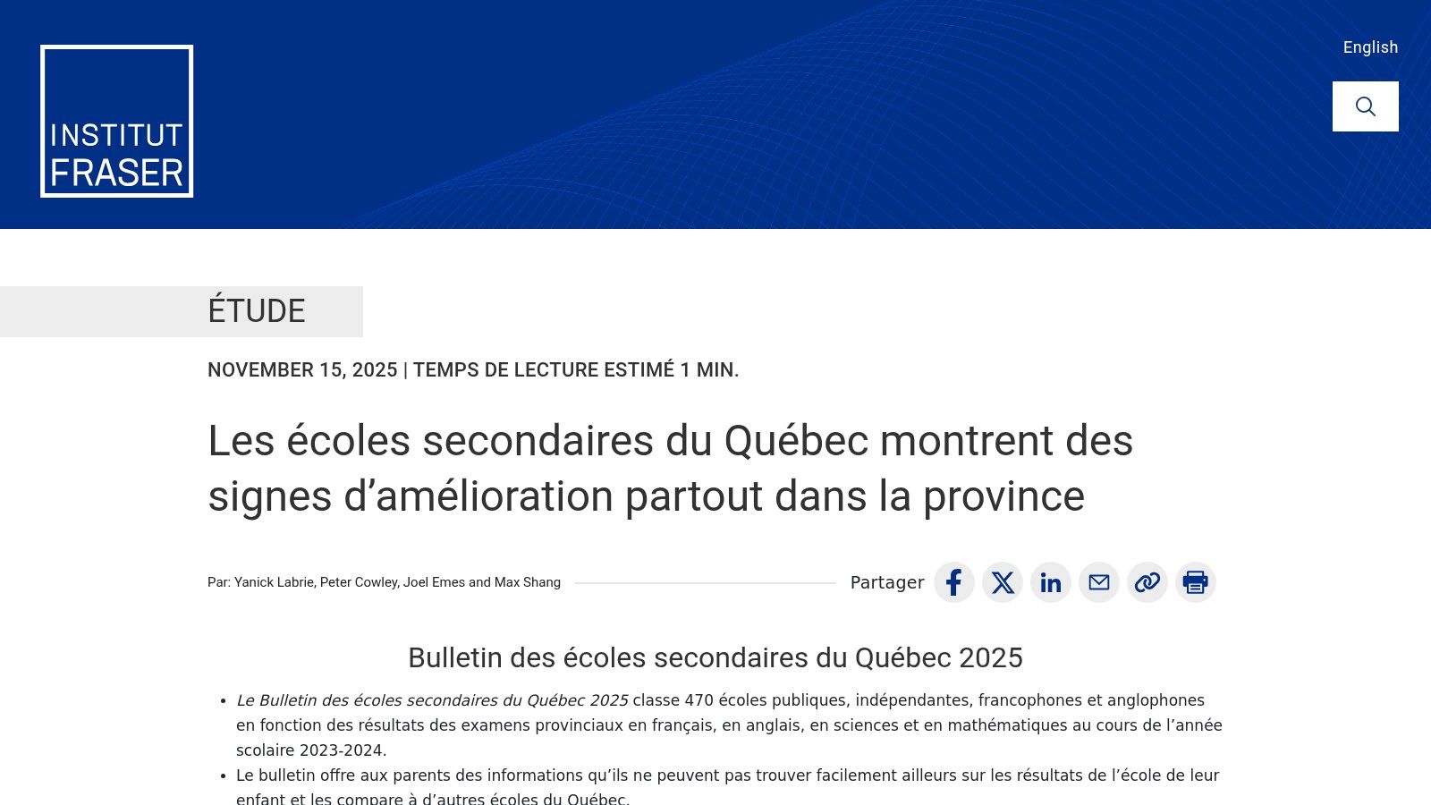 Page d'accueil du Bulletin des écoles secondaires du Québec sur FraserInstitute.org