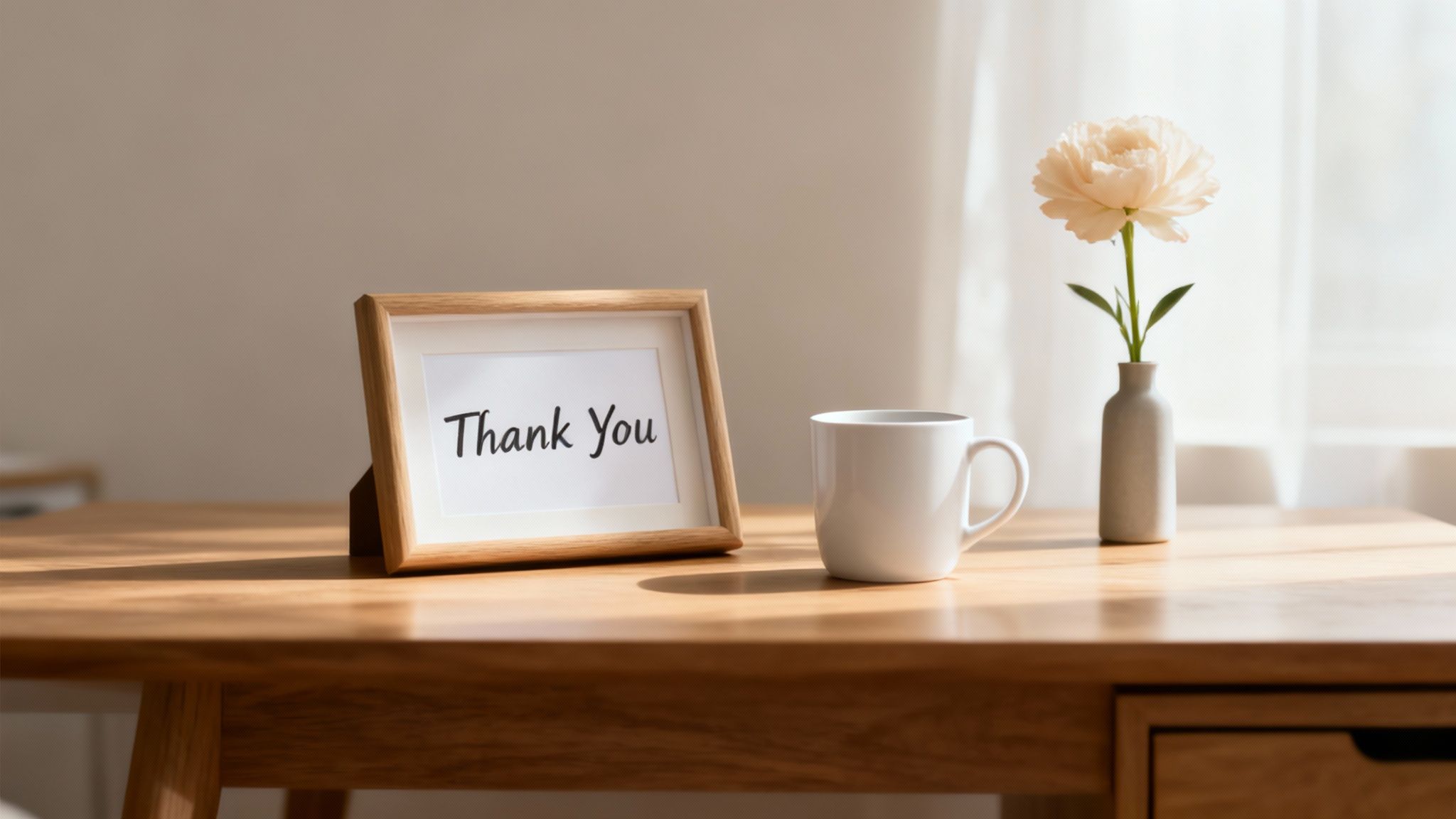 A wooden framed 'Thank You' note, a white mug, and a pink flower in a vase on a sunlit wooden table.