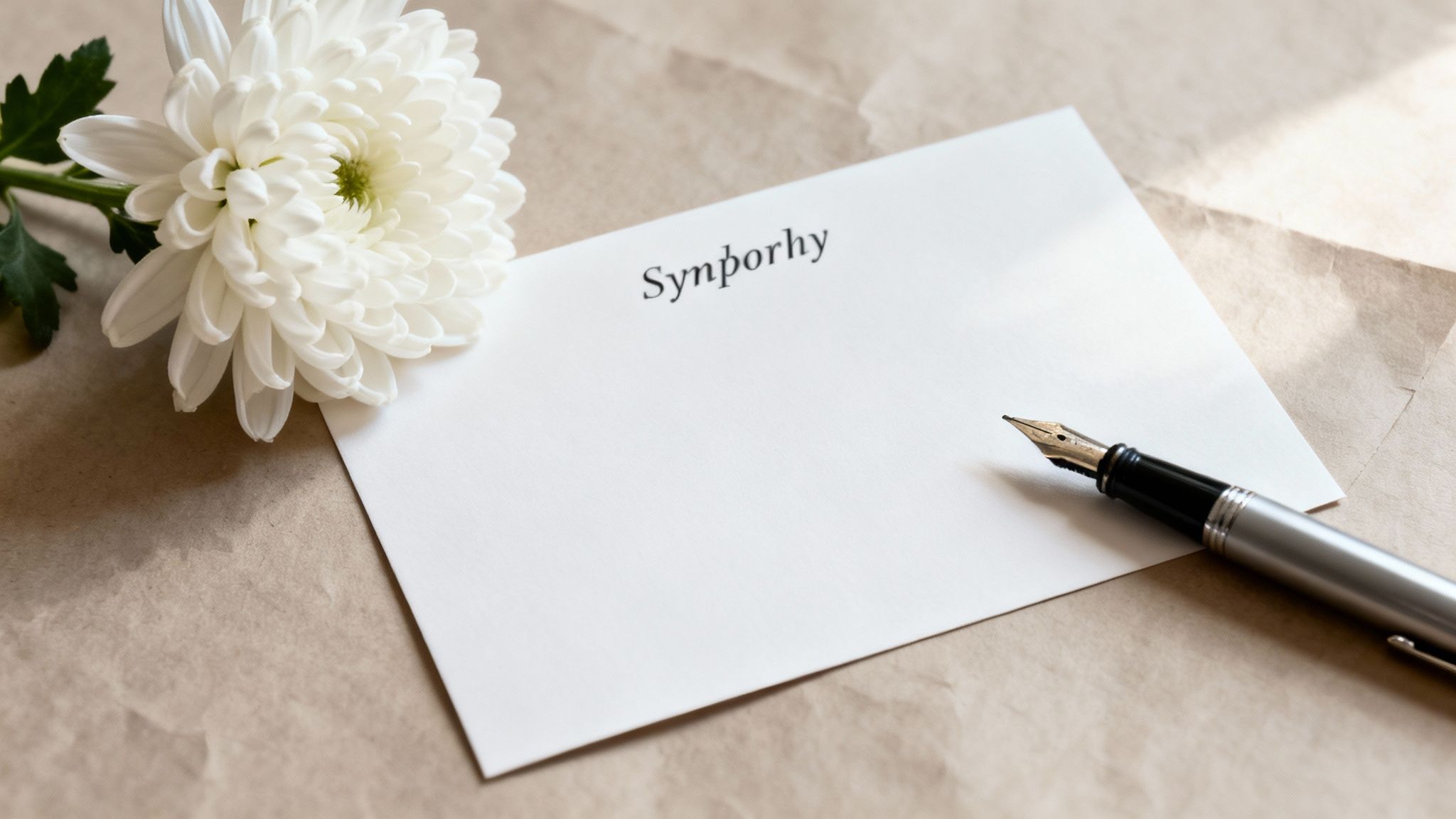 A white chrysanthemum flower and a sympathy card with a fountain pen on brown paper.
