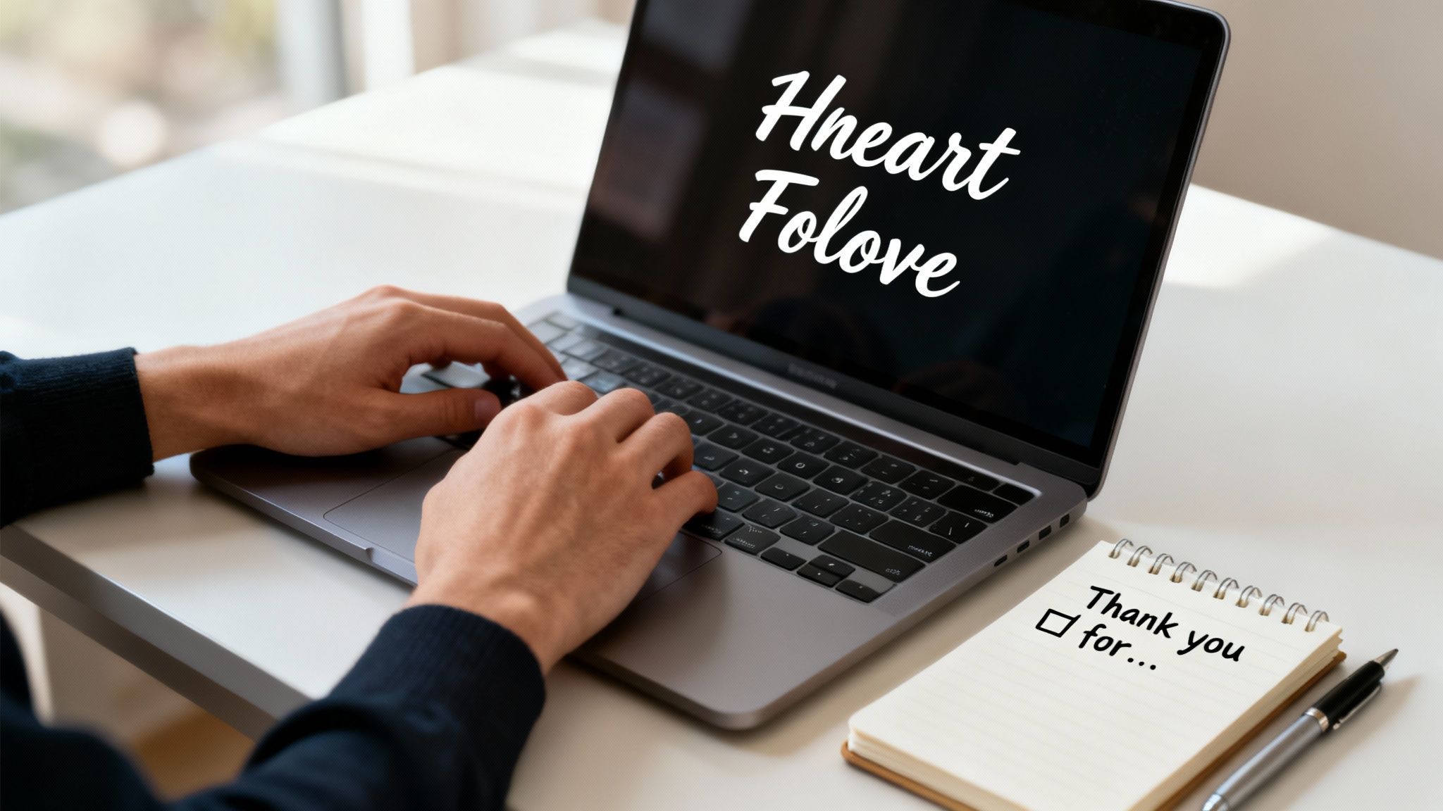 A person typing on a laptop displaying 'Hneart Folove' with a 'Thank you' notepad.
