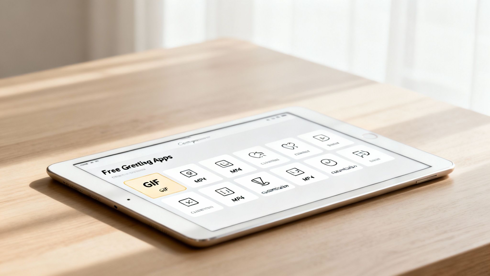 A white tablet displays 'Free Greeting Apps' with a highlighted 'GIF' option on a wooden table.