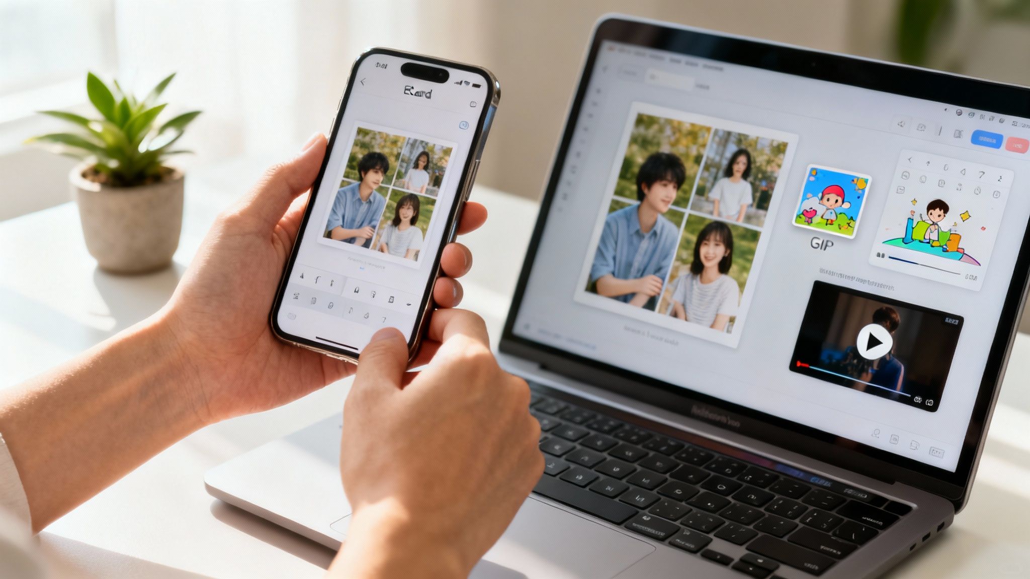 Person creating a personalized e-card on a smartphone with a laptop displaying similar creative content.