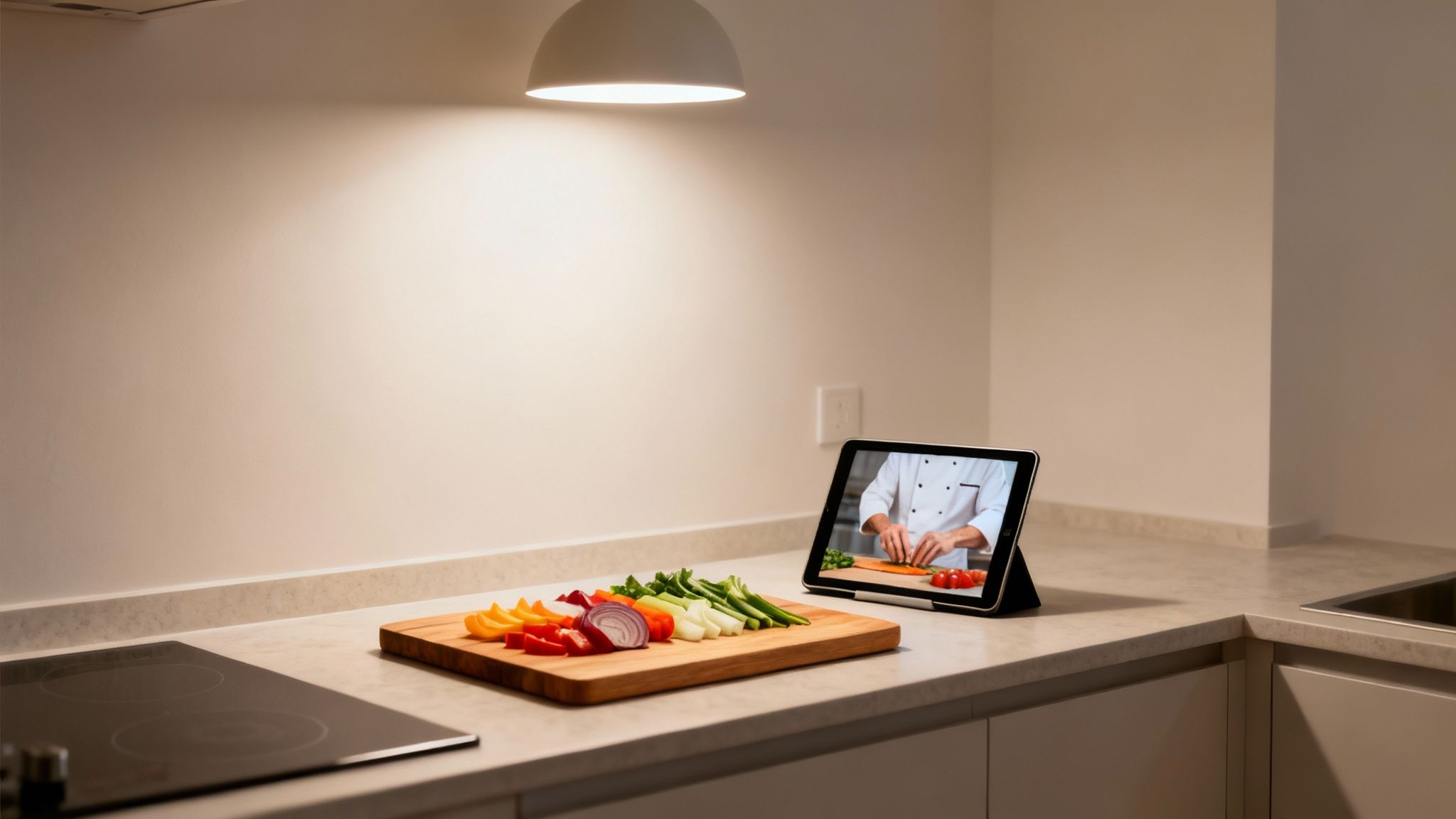 A brightly lit kitchen counter featuring chopped colorful vegetables on a wooden board next to a tablet showing a chef.