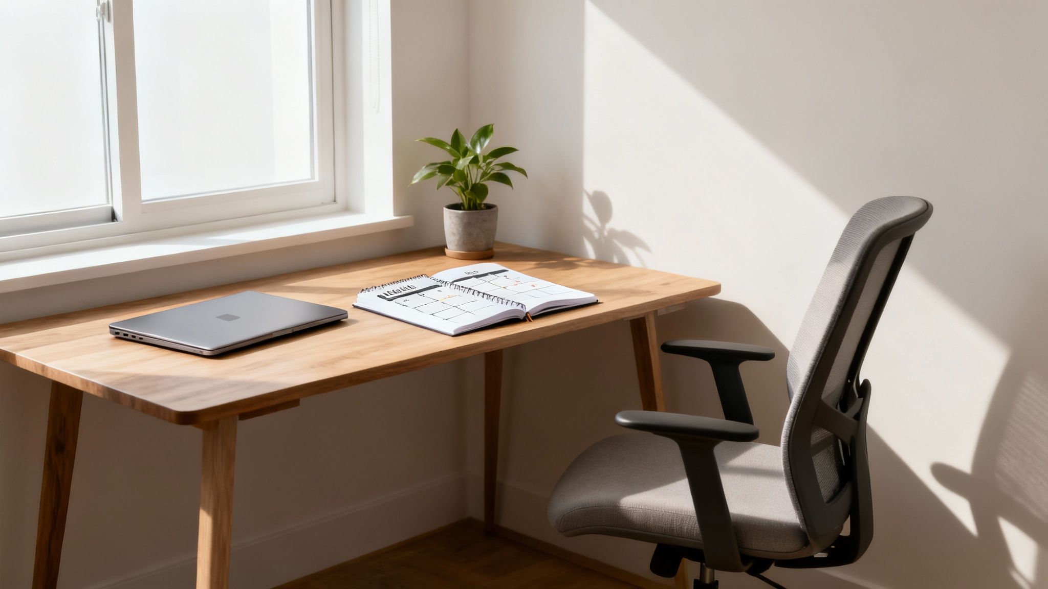 Minimalist home office desk with laptop, calendar, plant near window with natural sunlight