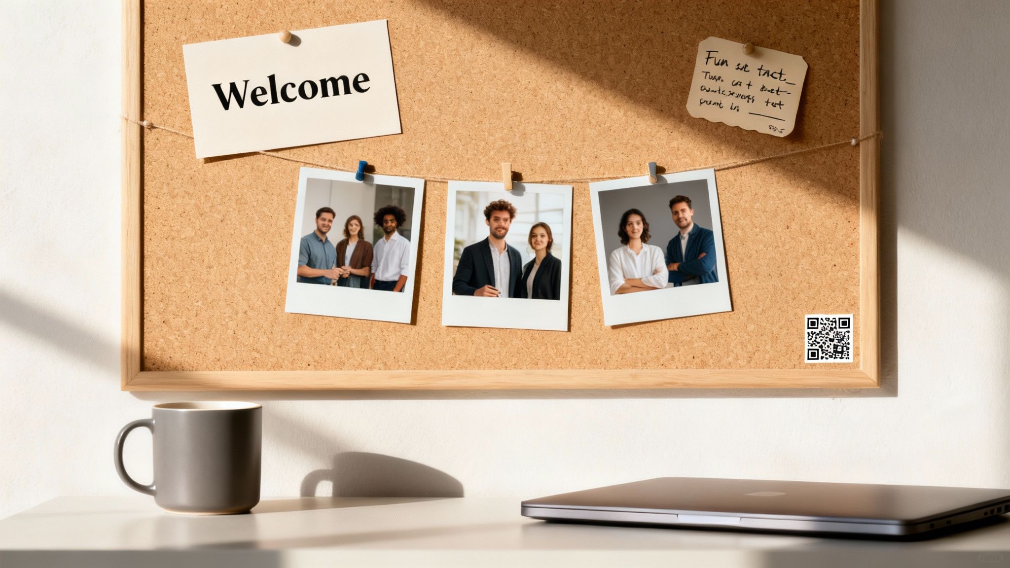 A cork bulletin board with a 'Welcome' sign, polaroid photos of diverse employees, a note, and a QR code.