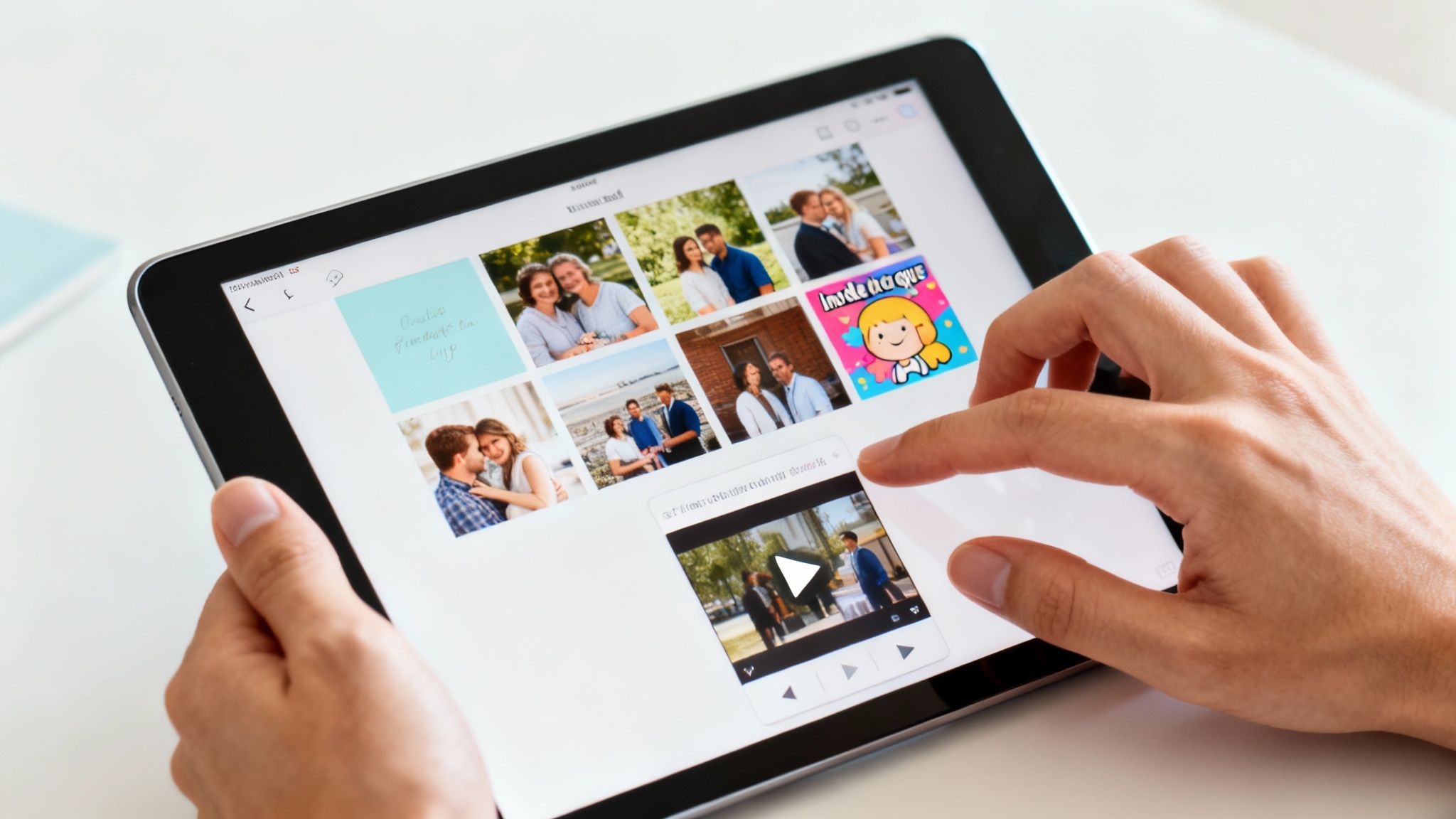 A person's hands are interacting with a tablet displaying a gallery of images and a video.