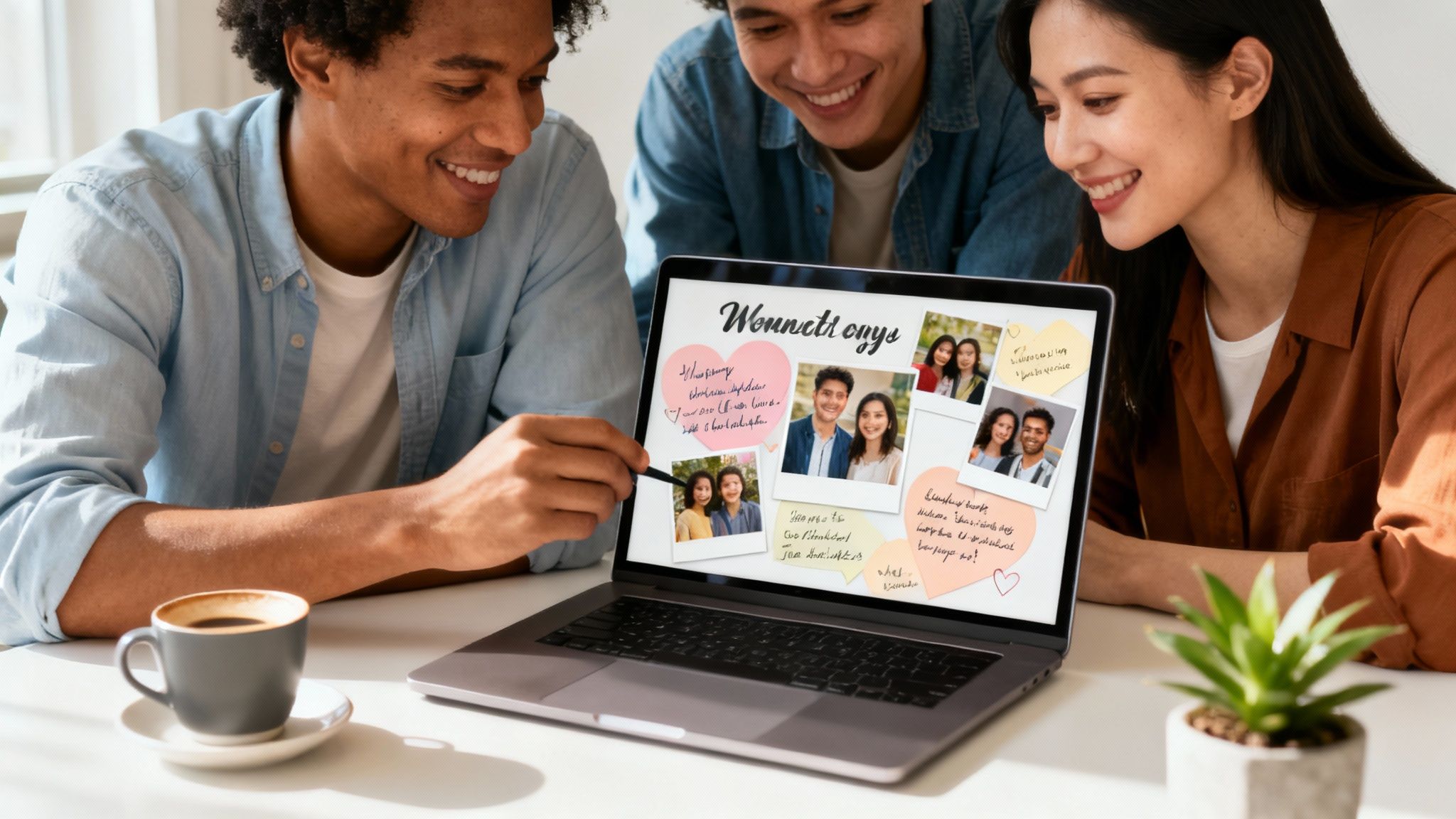 Three smiling young adults collaborate around a laptop displaying a digital scrapbook with photos.