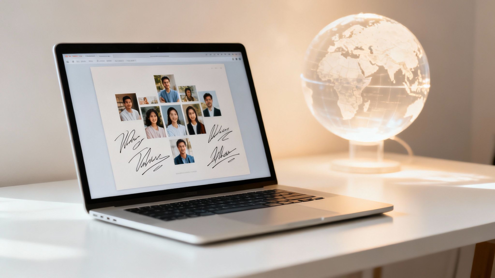 A laptop on a white desk displays photos and signatures, next to an illuminated globe.
