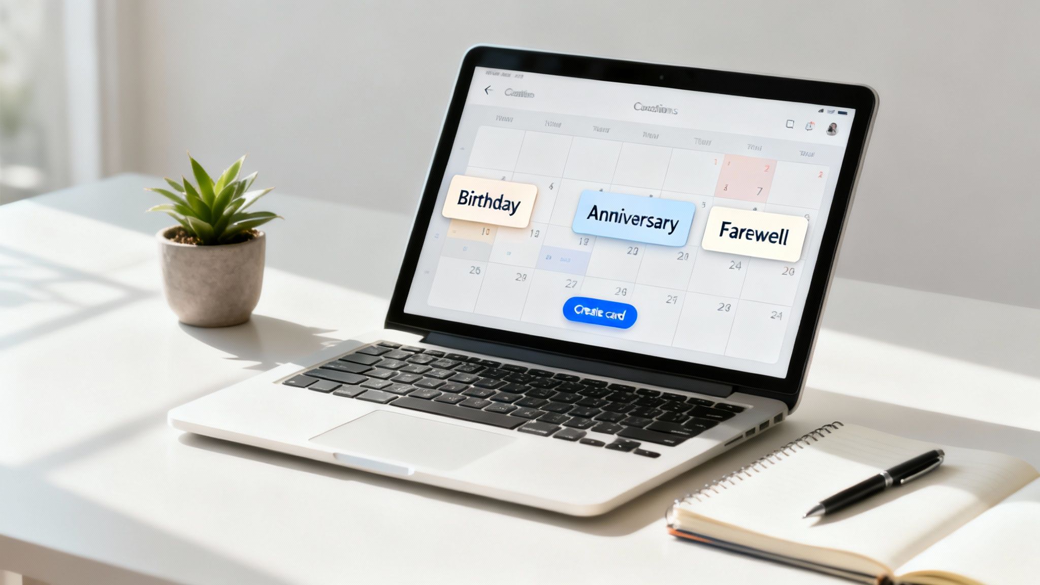 A laptop on a white desk displays a digital calendar with 'Birthday', 'Anniversary', and 'Farewell' events.