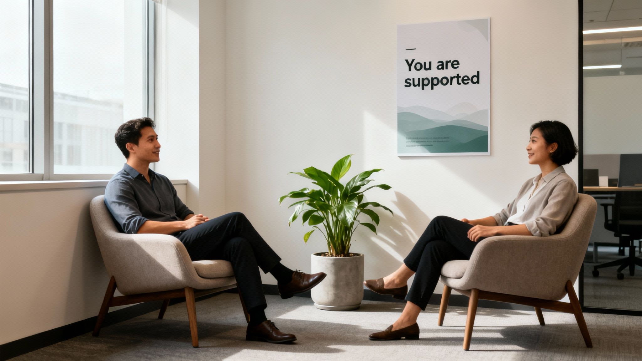 Two colleagues sit in an office, conversing near a plant and a supportive poster.