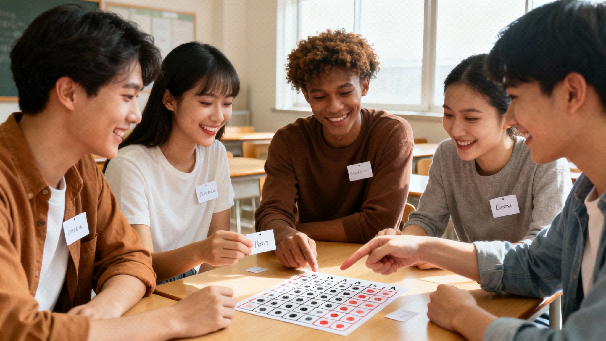 Diverse students joyfully engage in a board game, building community in a bright classroom.
