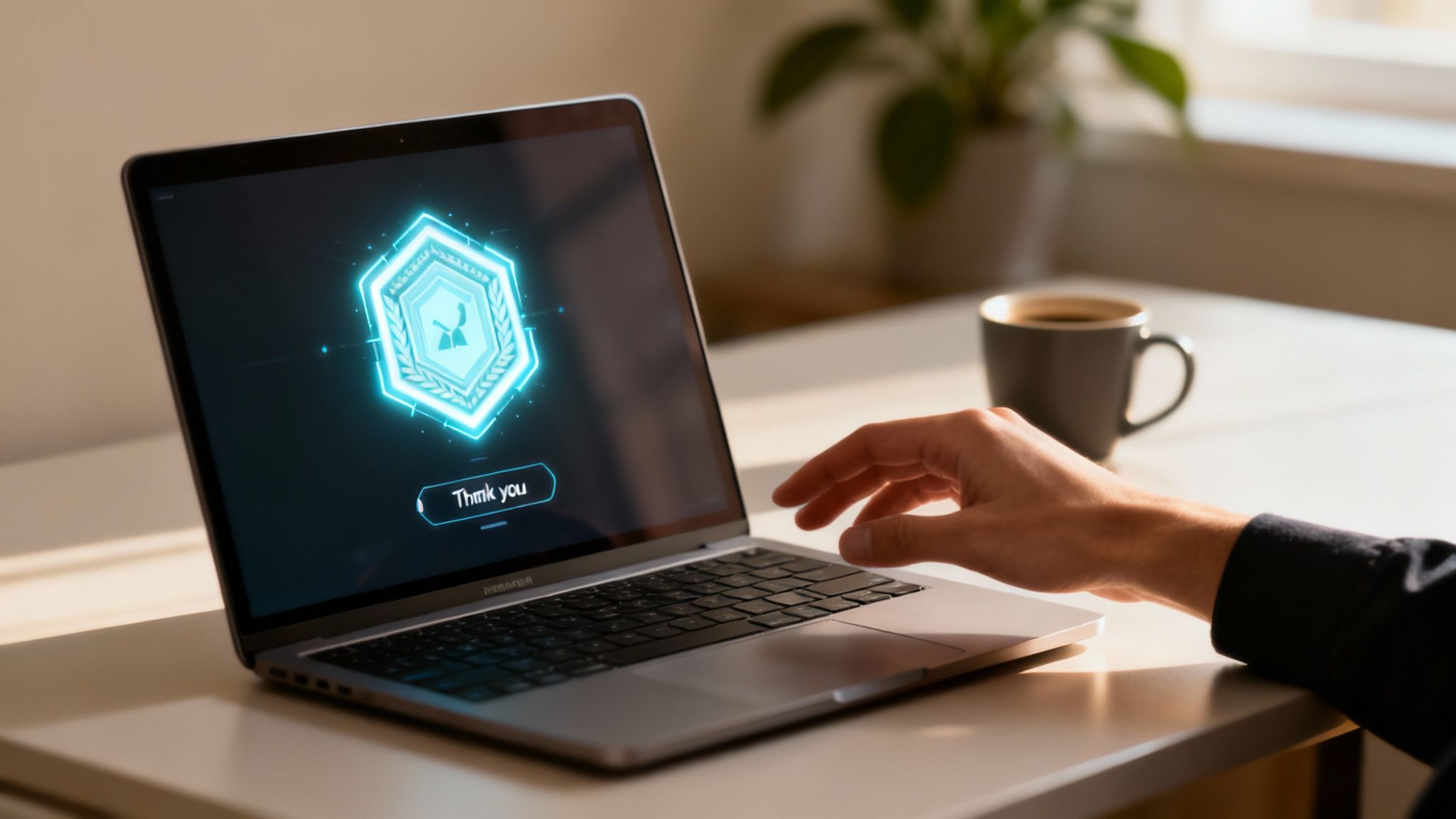 Professional using laptop displaying cybersecurity shield icon with thank you message at modern workspace