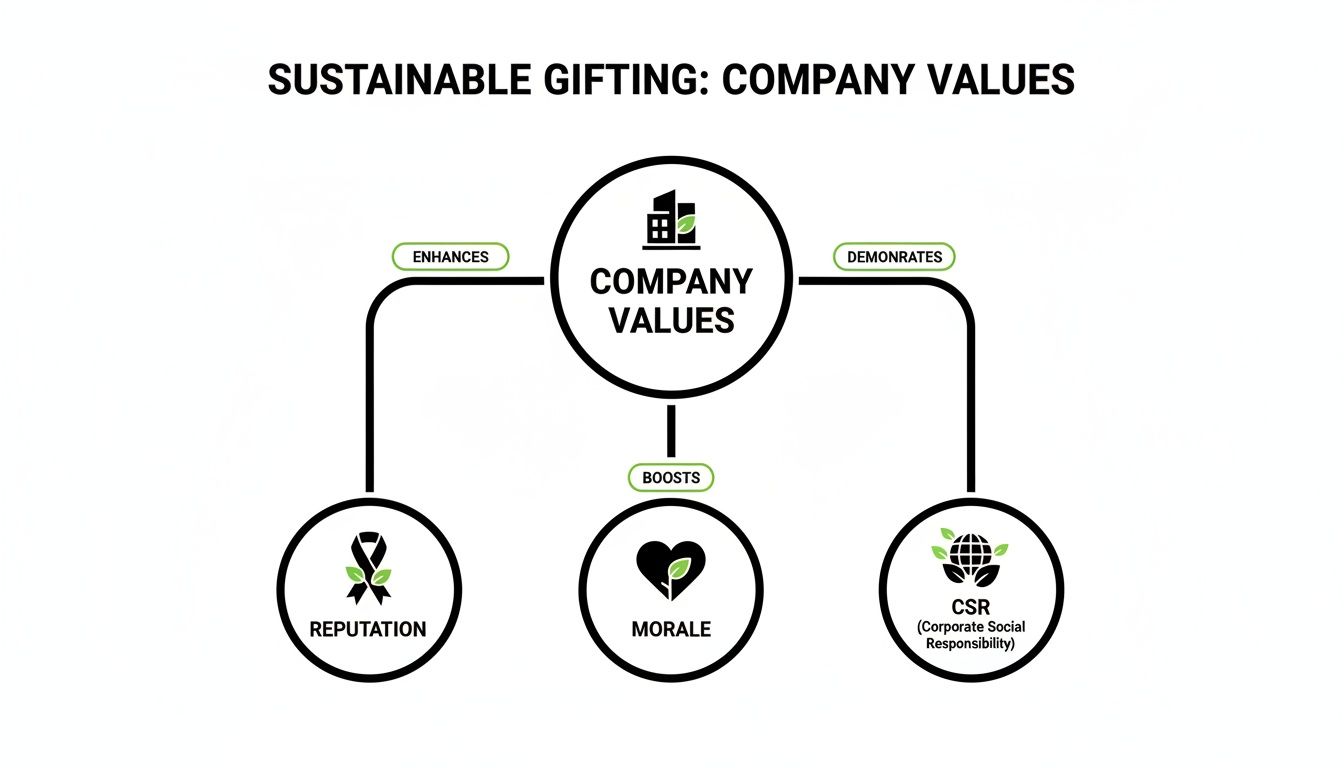Diagram illustrating how sustainable gifting company values enhance reputation, boost morale, and demonstrate CSR.
