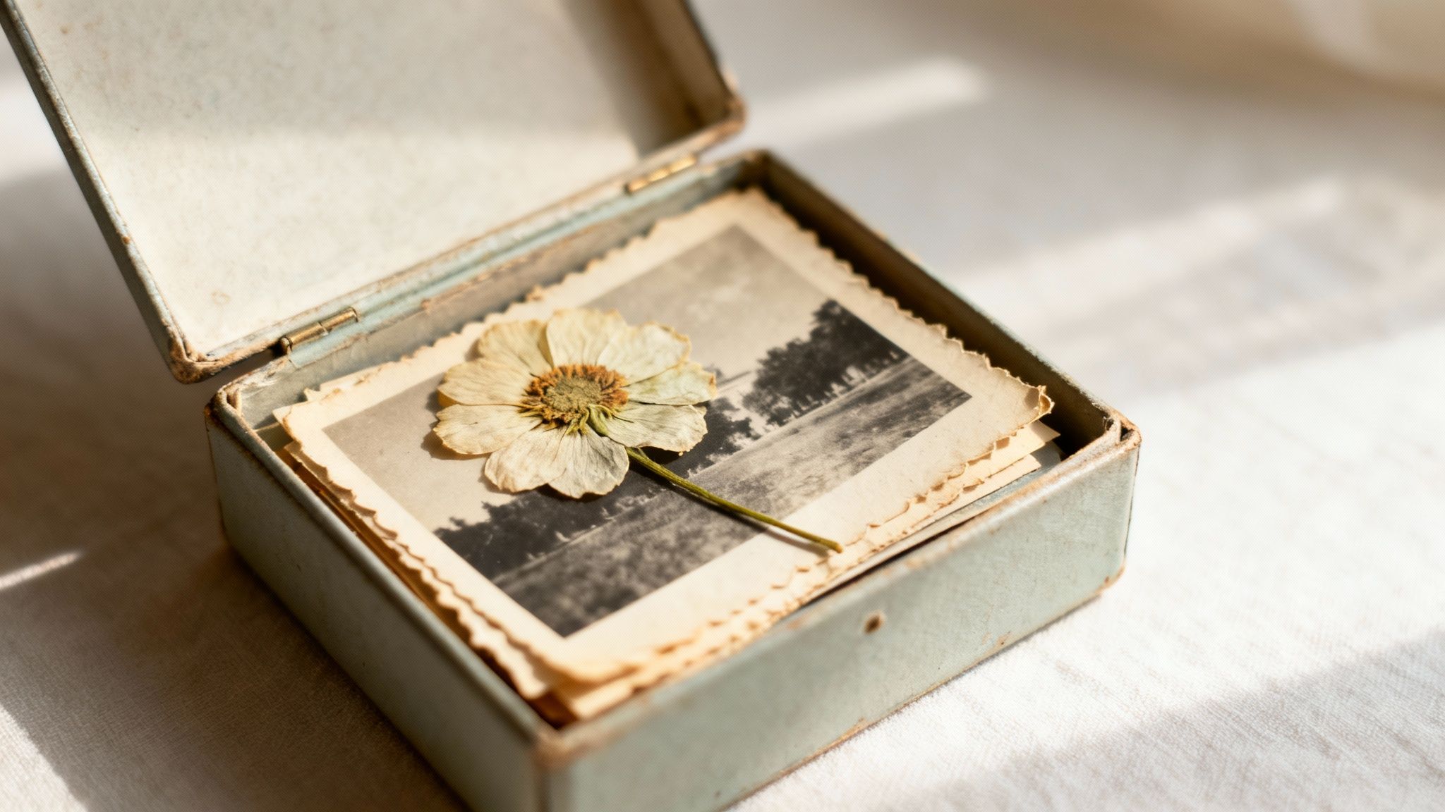 A pressed dried flower lies on vintage black and white photos inside an open antique box.