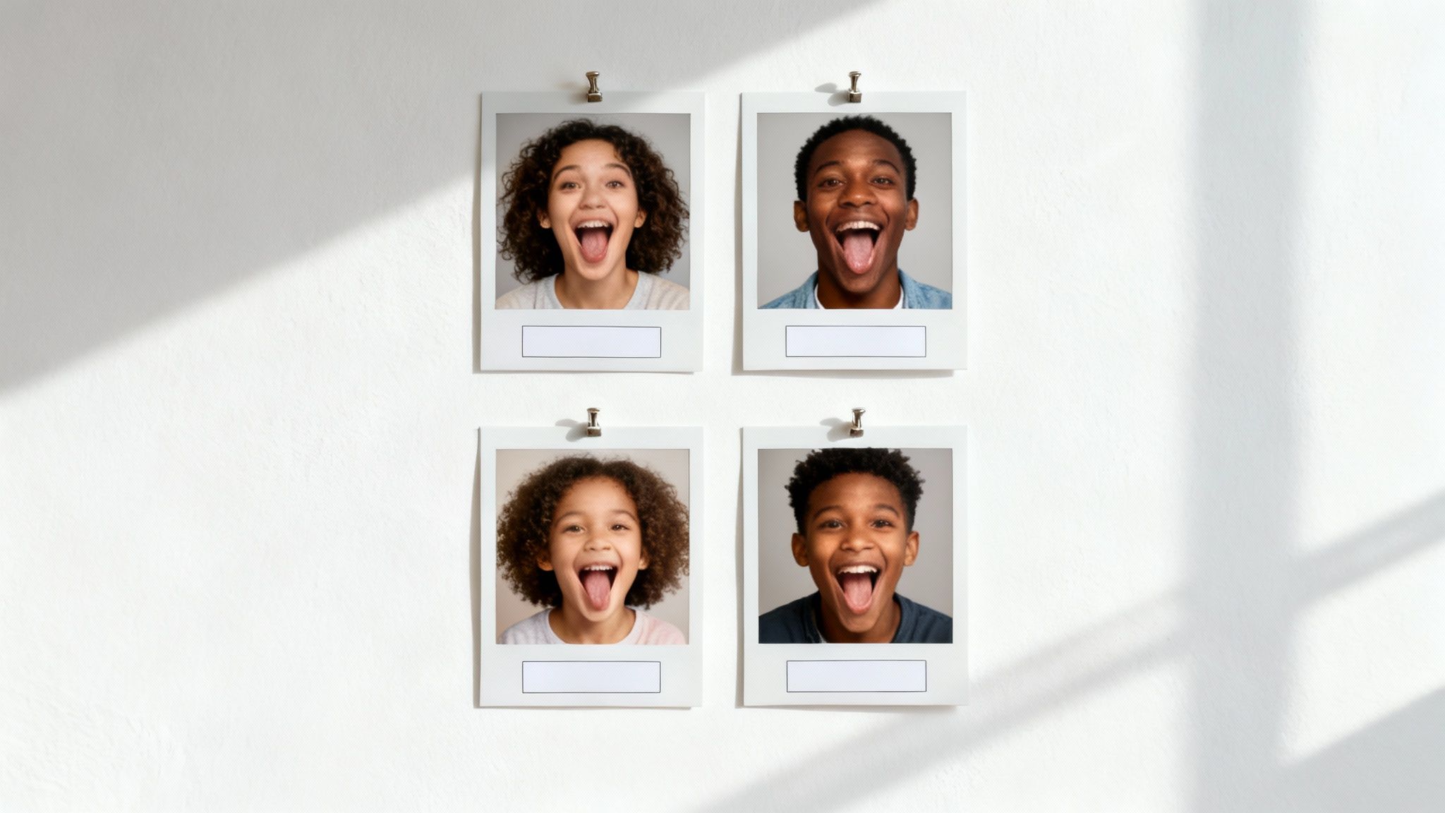 Polaroid pictures of children with curly hair making funny expressions on a bright wall.