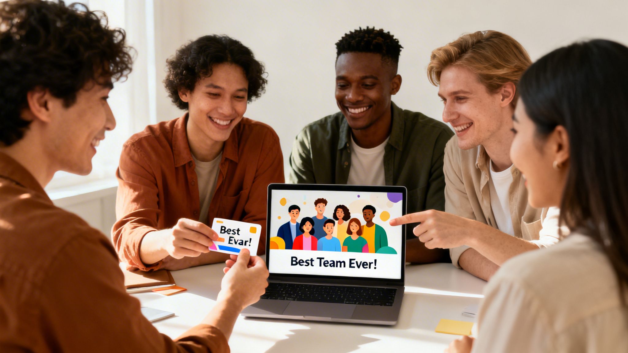 Diverse young adults smiling and looking at a laptop displaying 'Best Team Ever!' while holding a 'Best Evar!' card.