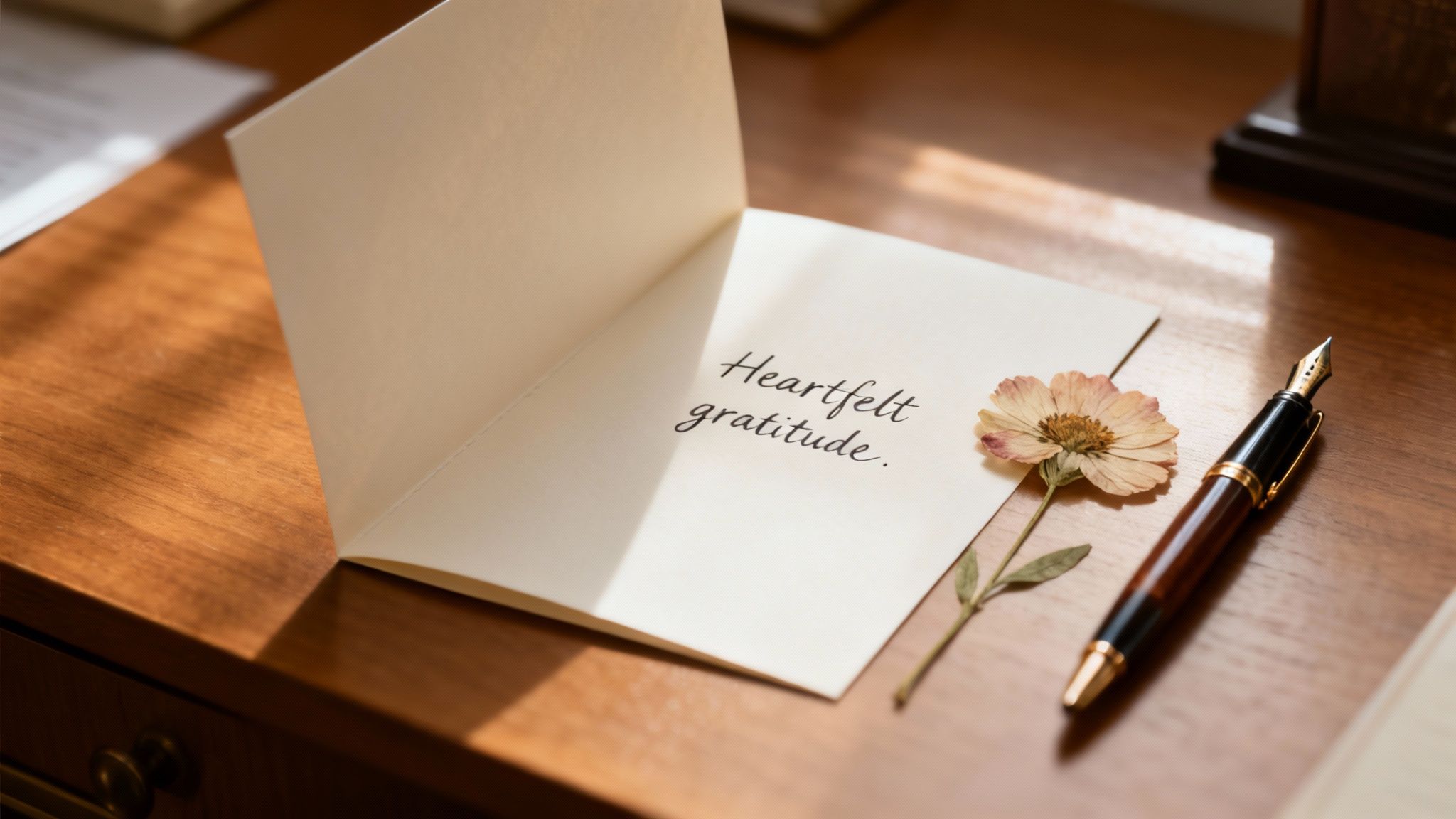 An open card with 'Heartfelt gratitude,' a dried flower, and a fountain pen on a wooden desk.