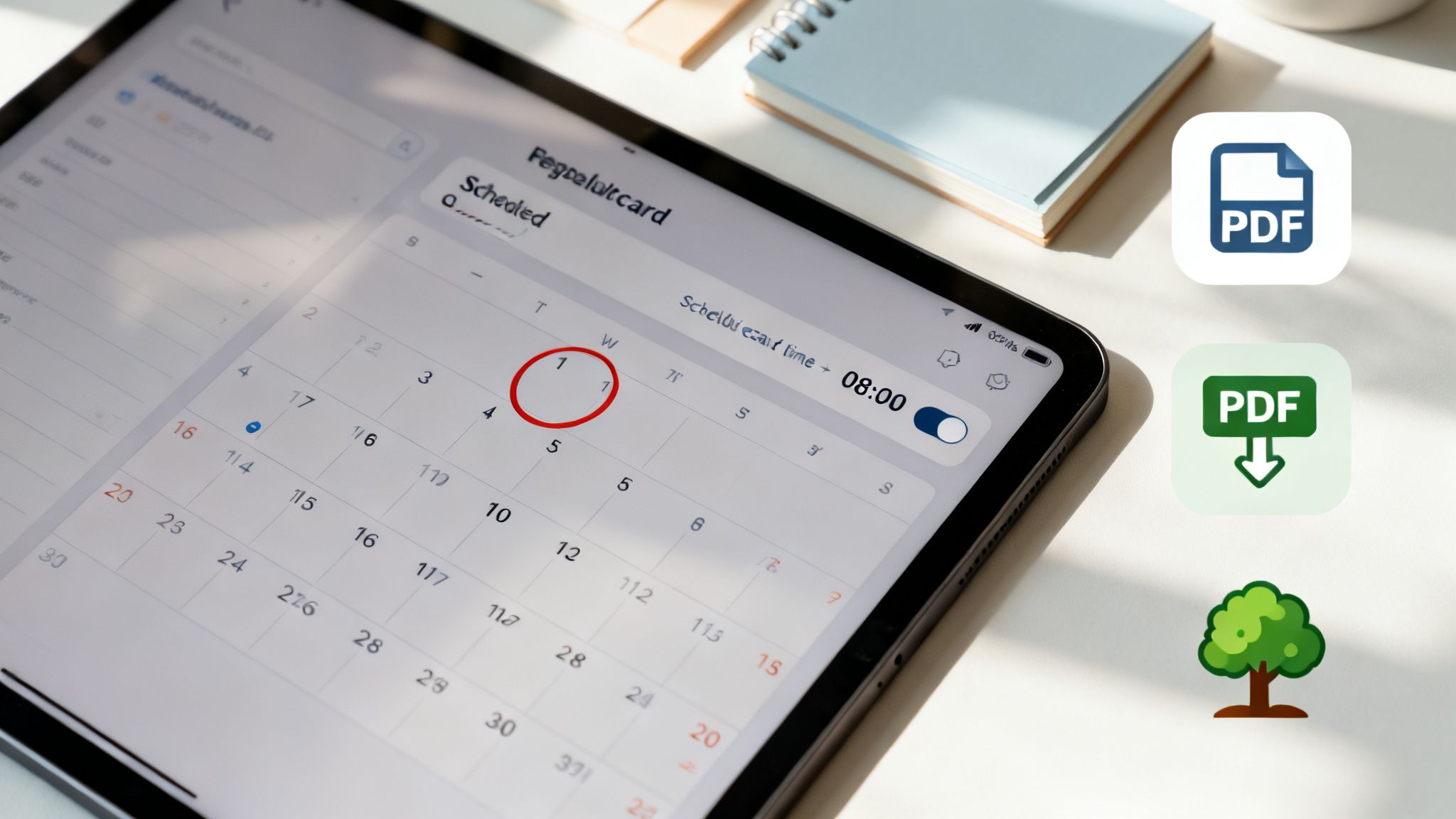 A tablet displays a digital calendar app, circling the first day, with PDF icons and a tree.