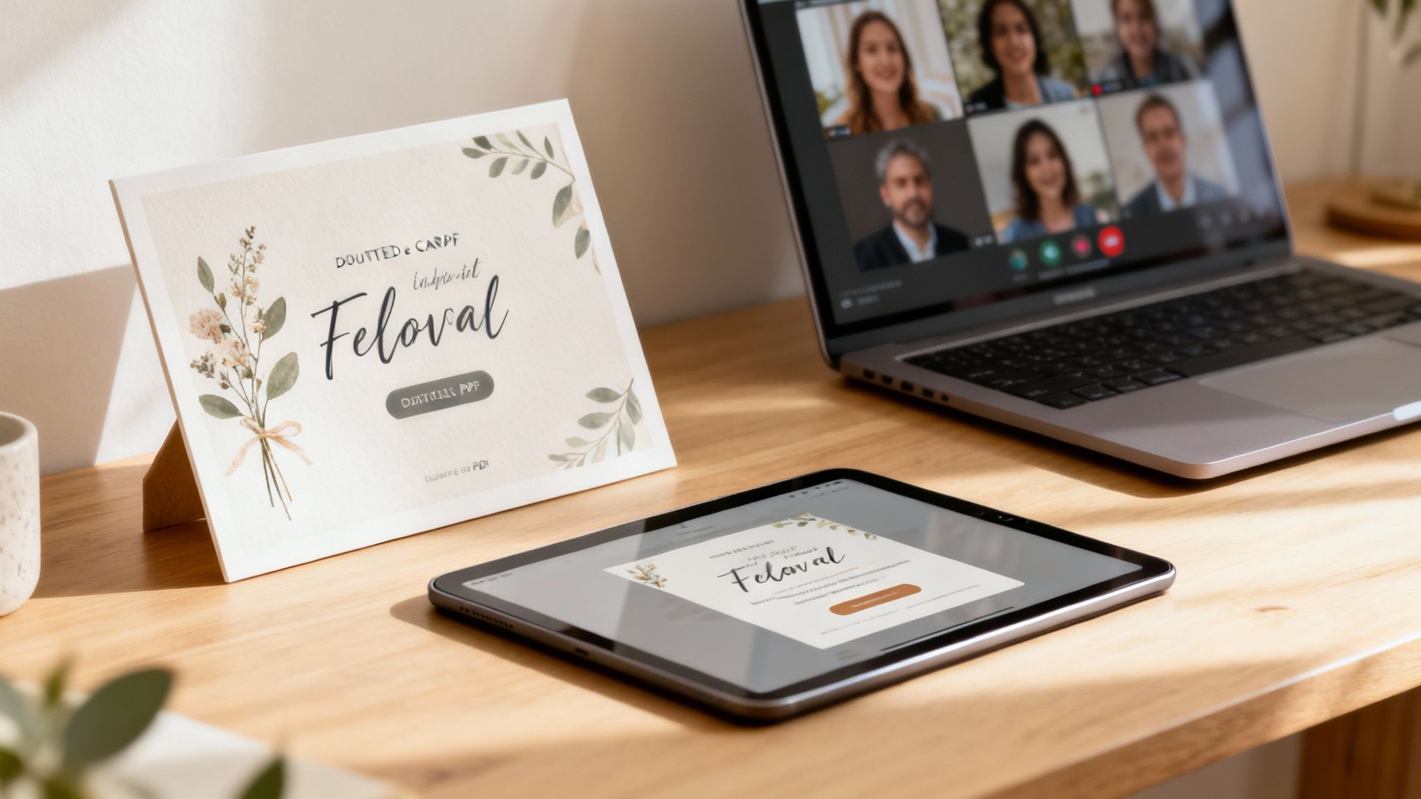 A wooden desk with a laptop showing a video call, a tablet, and a physical card for Feloval.