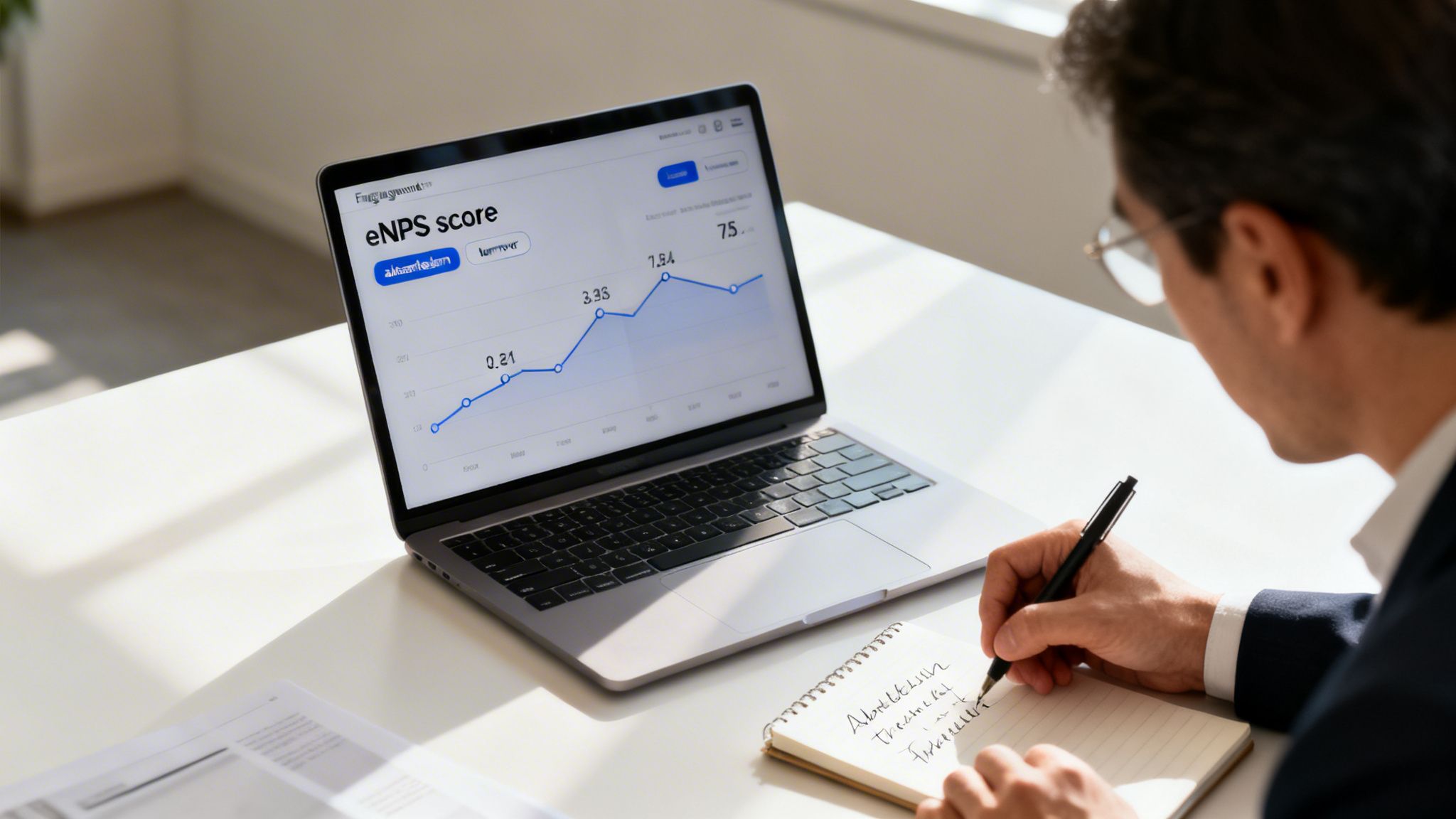 A person views an eNPS score graph on a laptop while taking notes in a notebook.