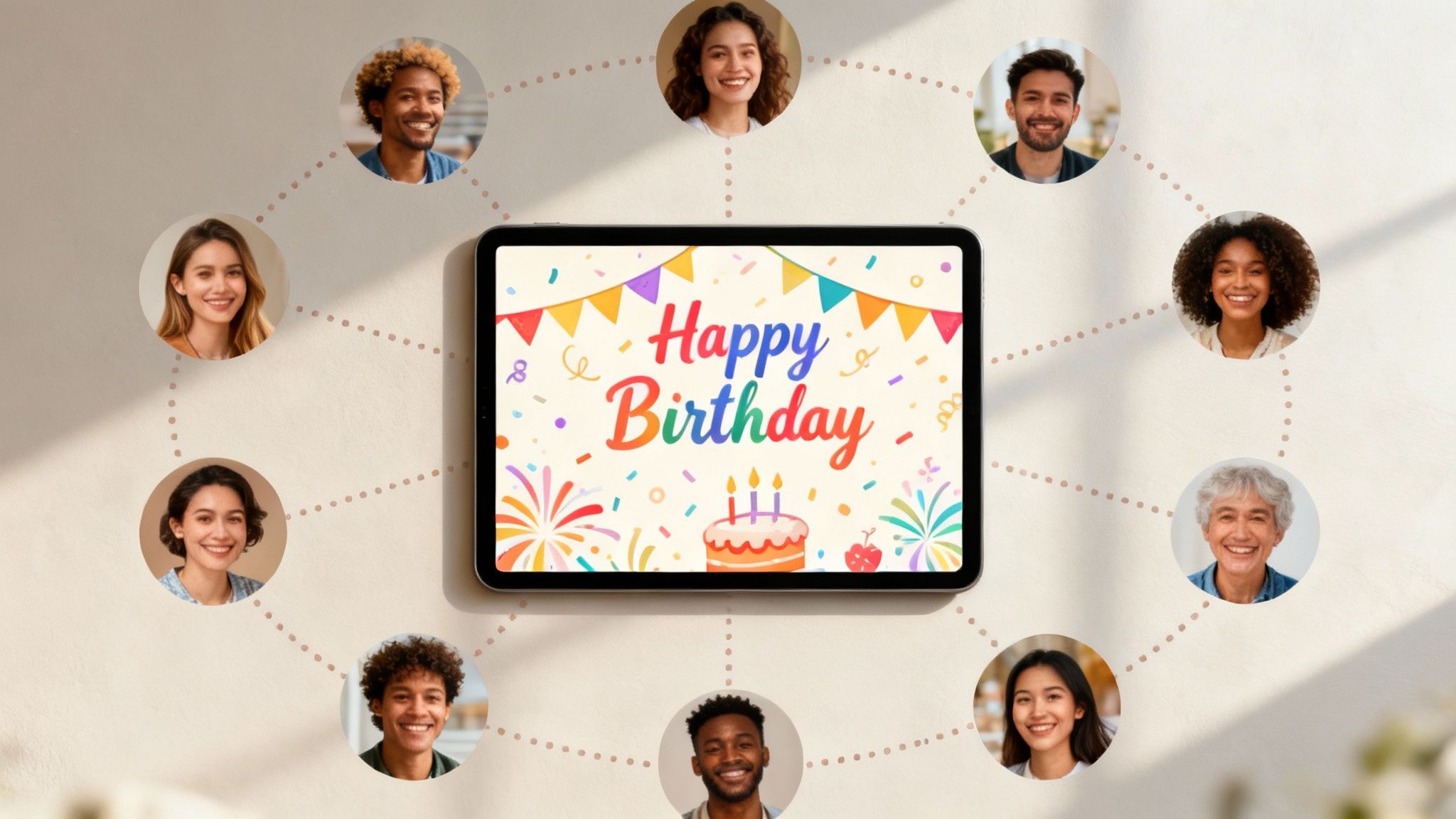 Diverse friends connected by dotted lines, sending a 'Happy Birthday' e-card displayed on a tablet.