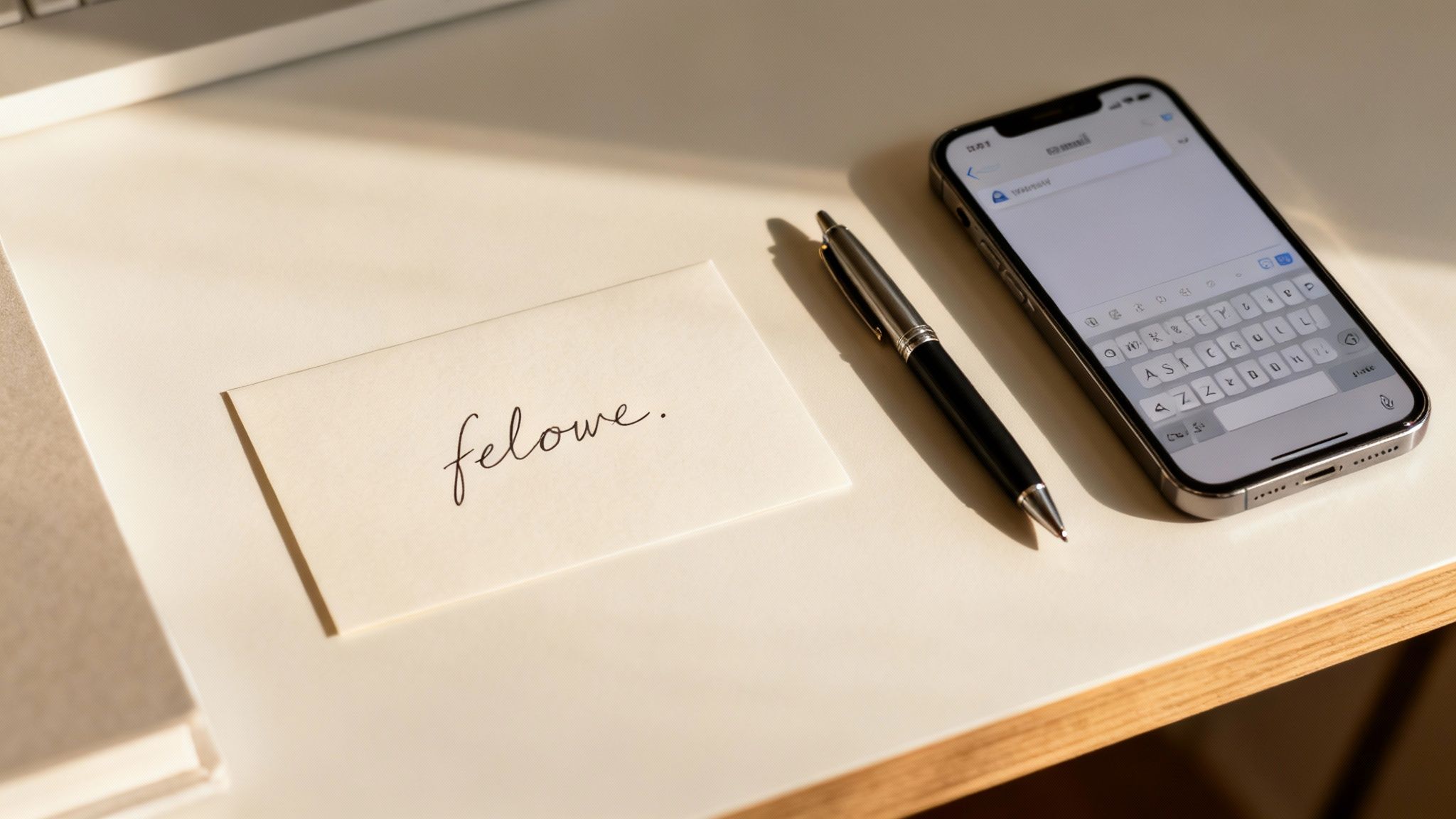 A flat lay of a desk with a card saying 'felowe', a pen, and an iPhone, bathed in sunlight.
