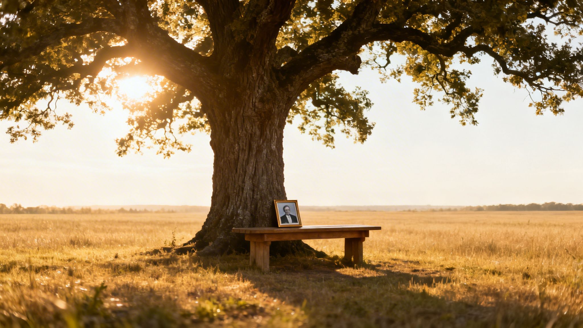 A framed photo of a man on a bench under a large tree in a sunny, golden field.