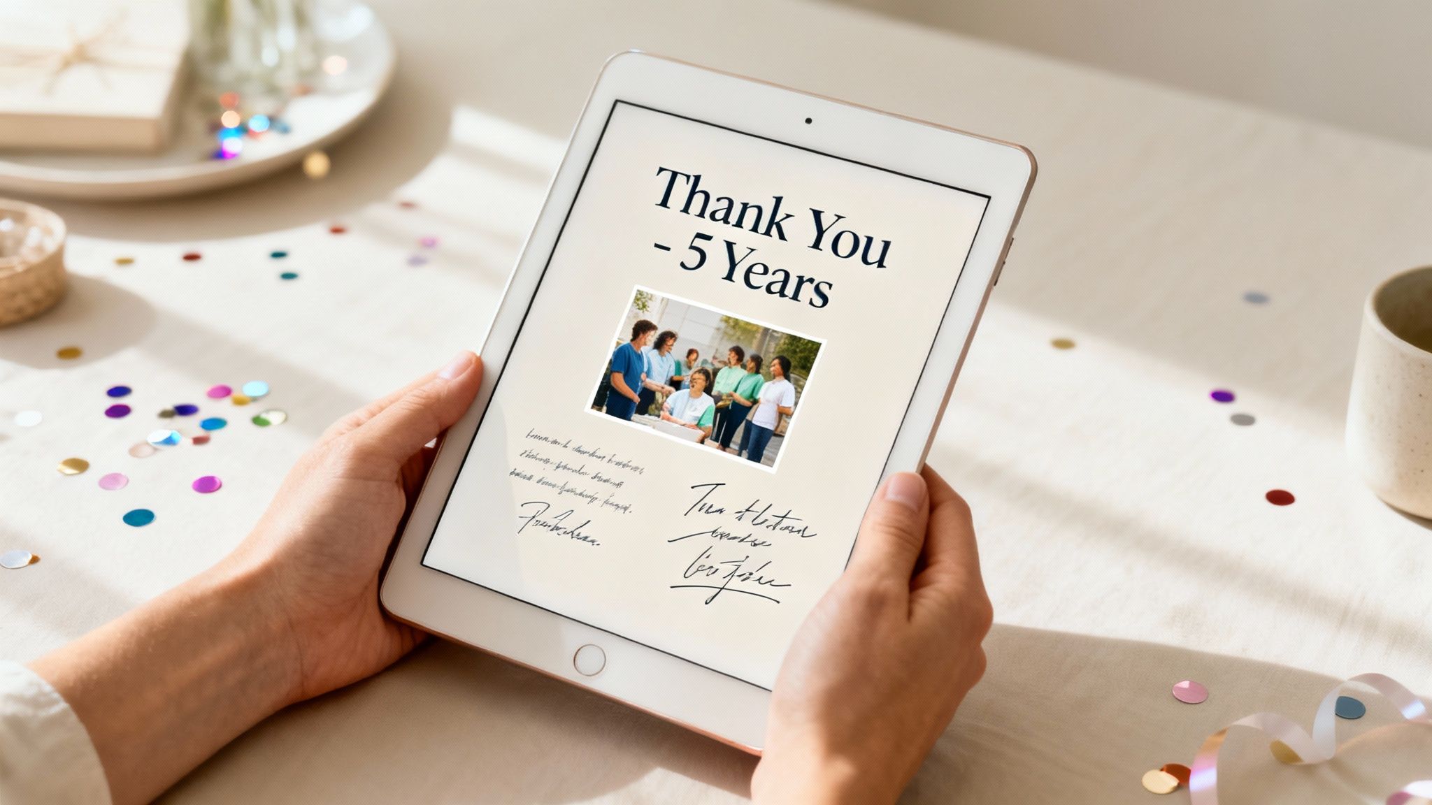 Hands holding a tablet displaying a 'Thank You - 5 Years' message with a group photo and signatures, amidst celebratory confetti.