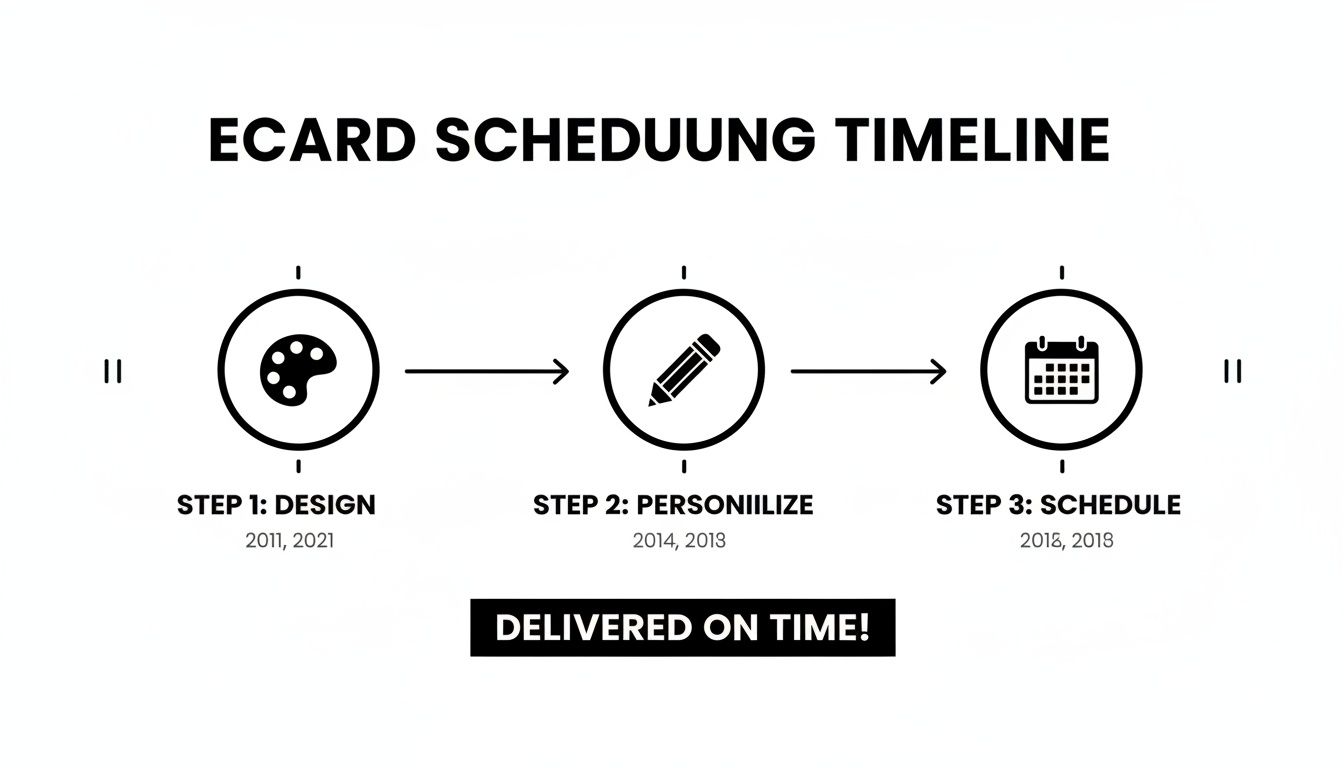 An ecard scheduling timeline illustrating three steps: design, personalize, and schedule, each with associated dates and icons.