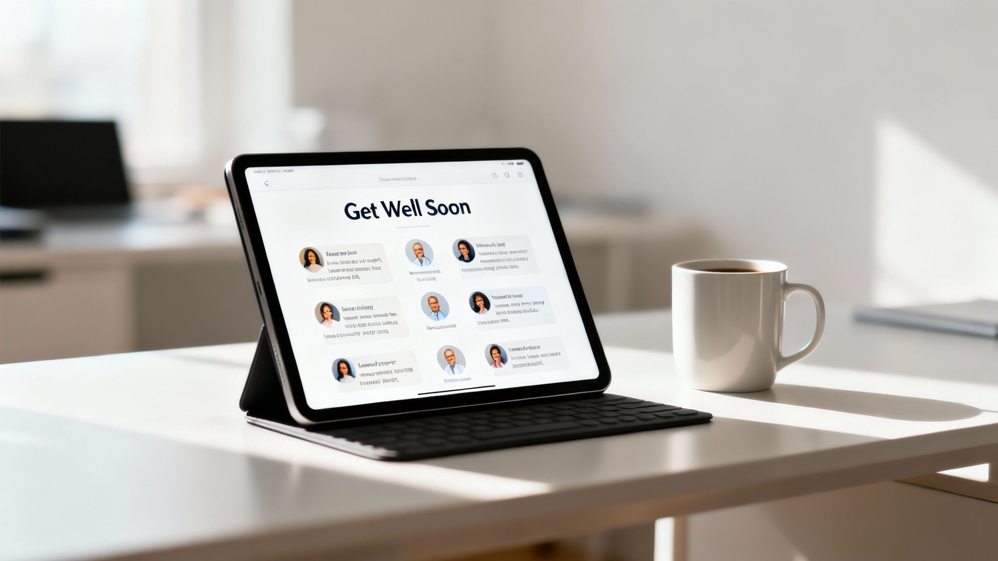 A tablet displaying 'Get Well Soon' messages on a white desk with a keyboard, next to a coffee mug.