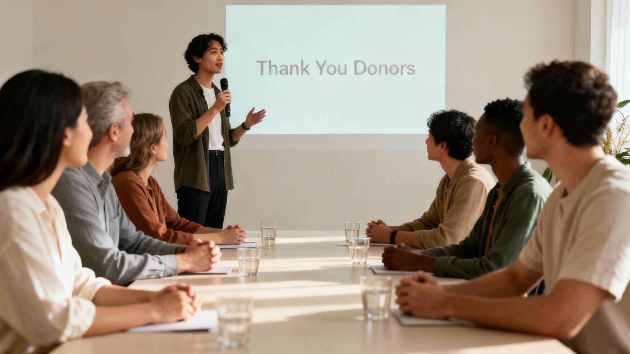 A young man speaks into a microphone during a presentation to a diverse group of people, with "Thank You Donors" on a screen.