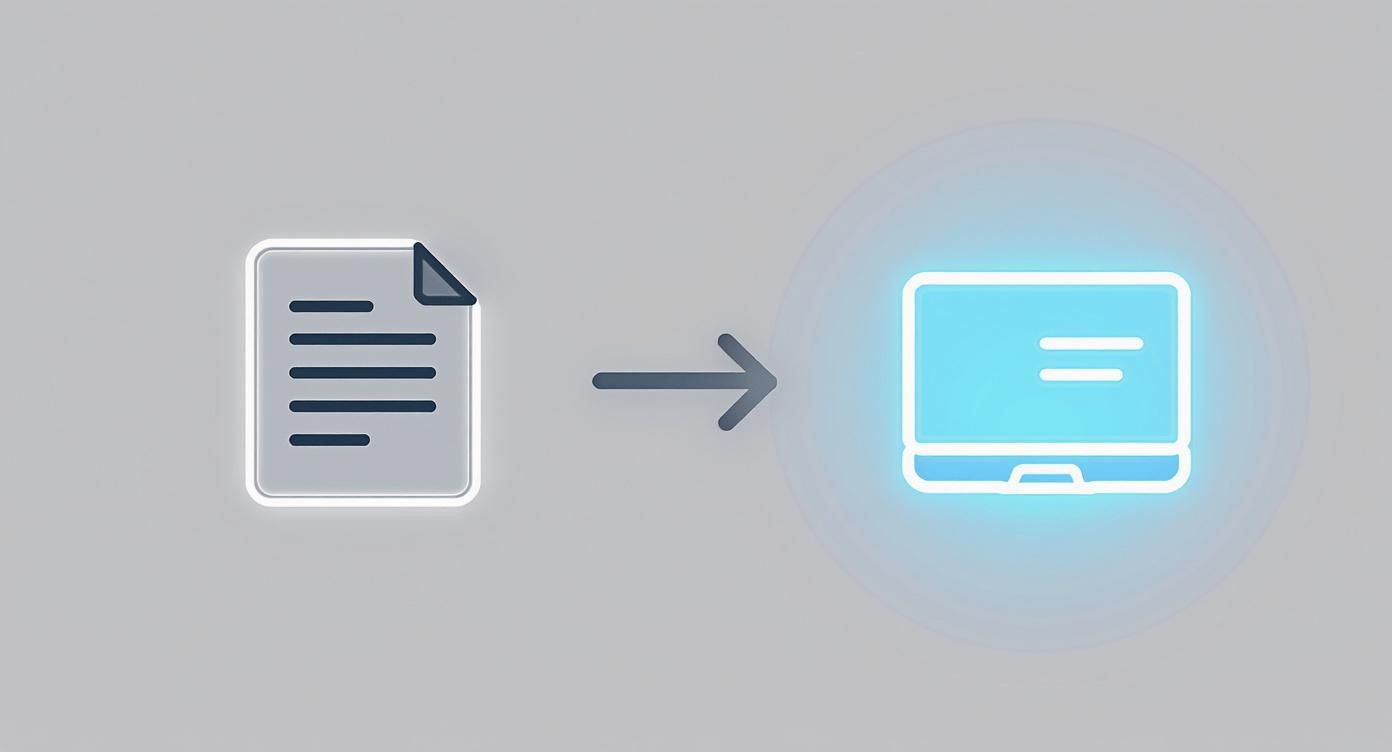 A document icon transforms into a glowing laptop icon, symbolizing digitization or digital conversion.