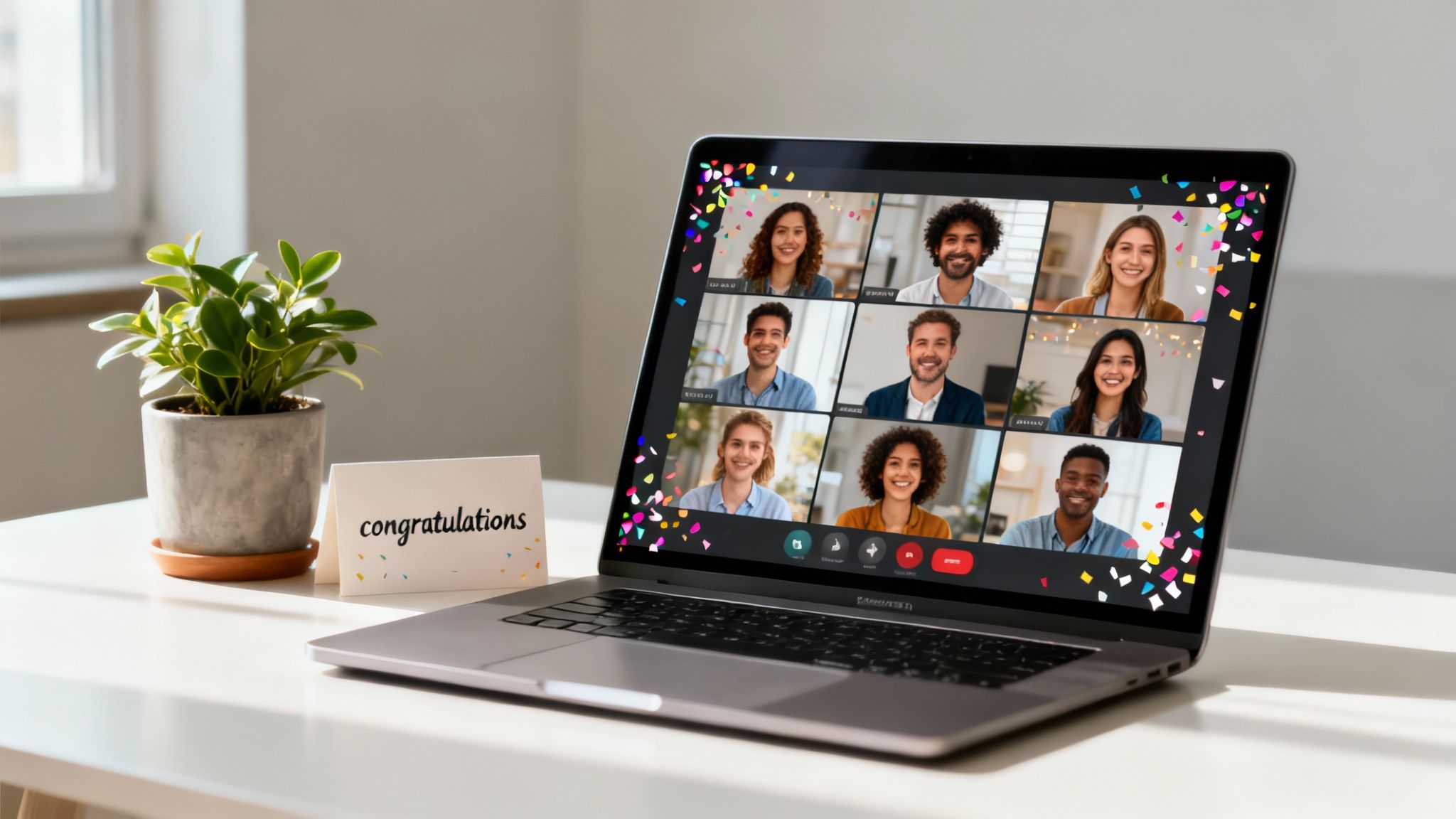 Laptop showing a virtual celebration video call with diverse people, confetti, a plant, and a congratulations card.