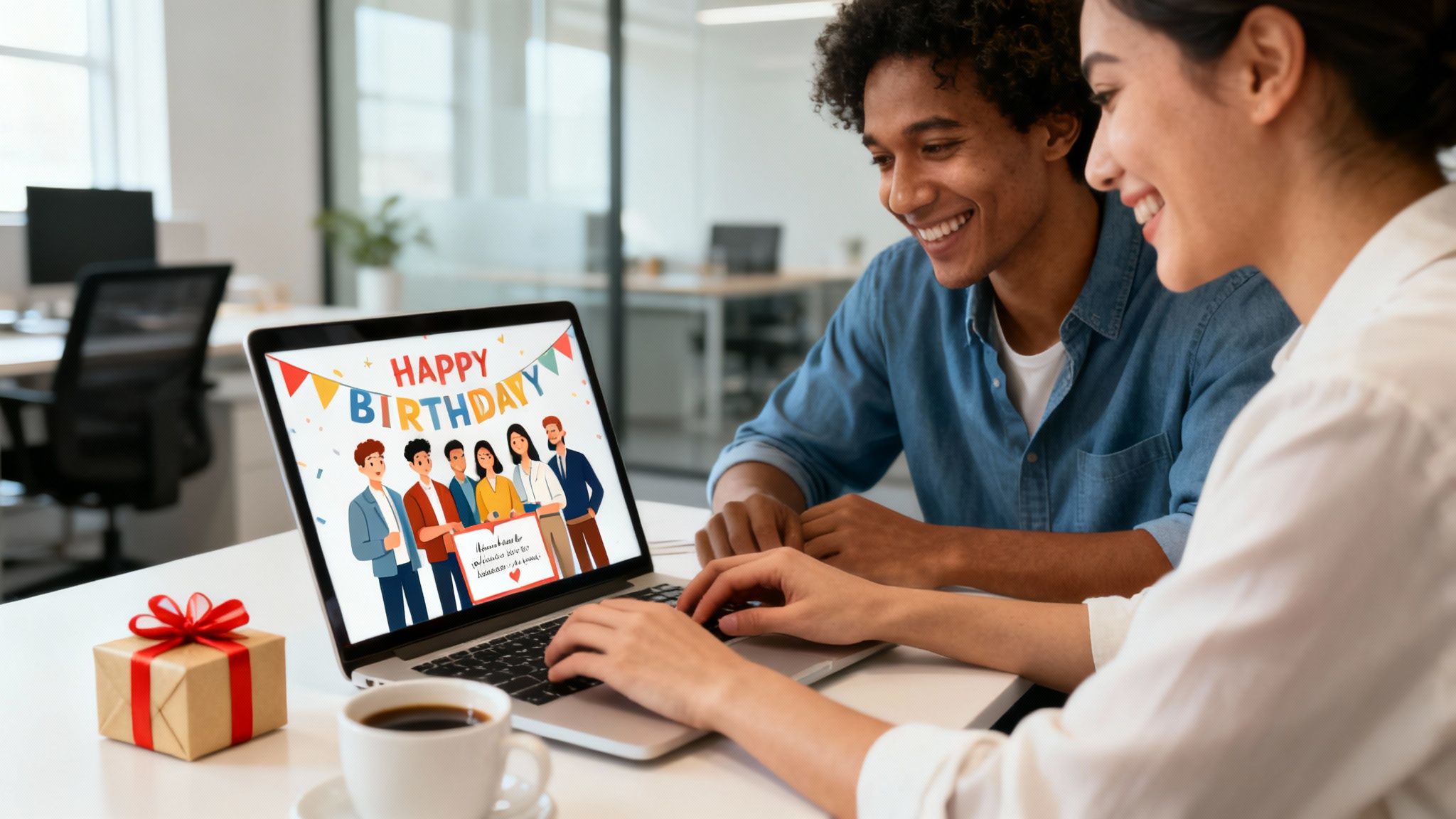 Two smiling colleagues watch a happy birthday message on a laptop, with a gift and coffee on the desk.