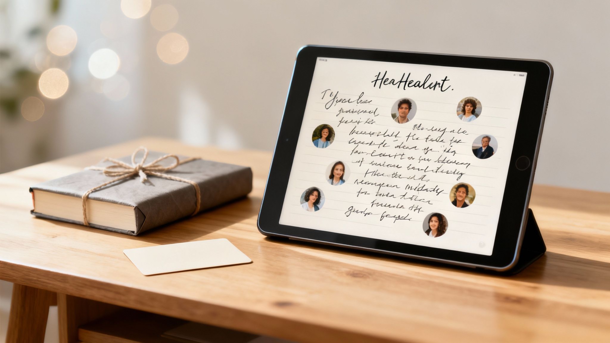 Digital tablet displaying employee appreciation profiles with handwritten text on wooden desk with gift box