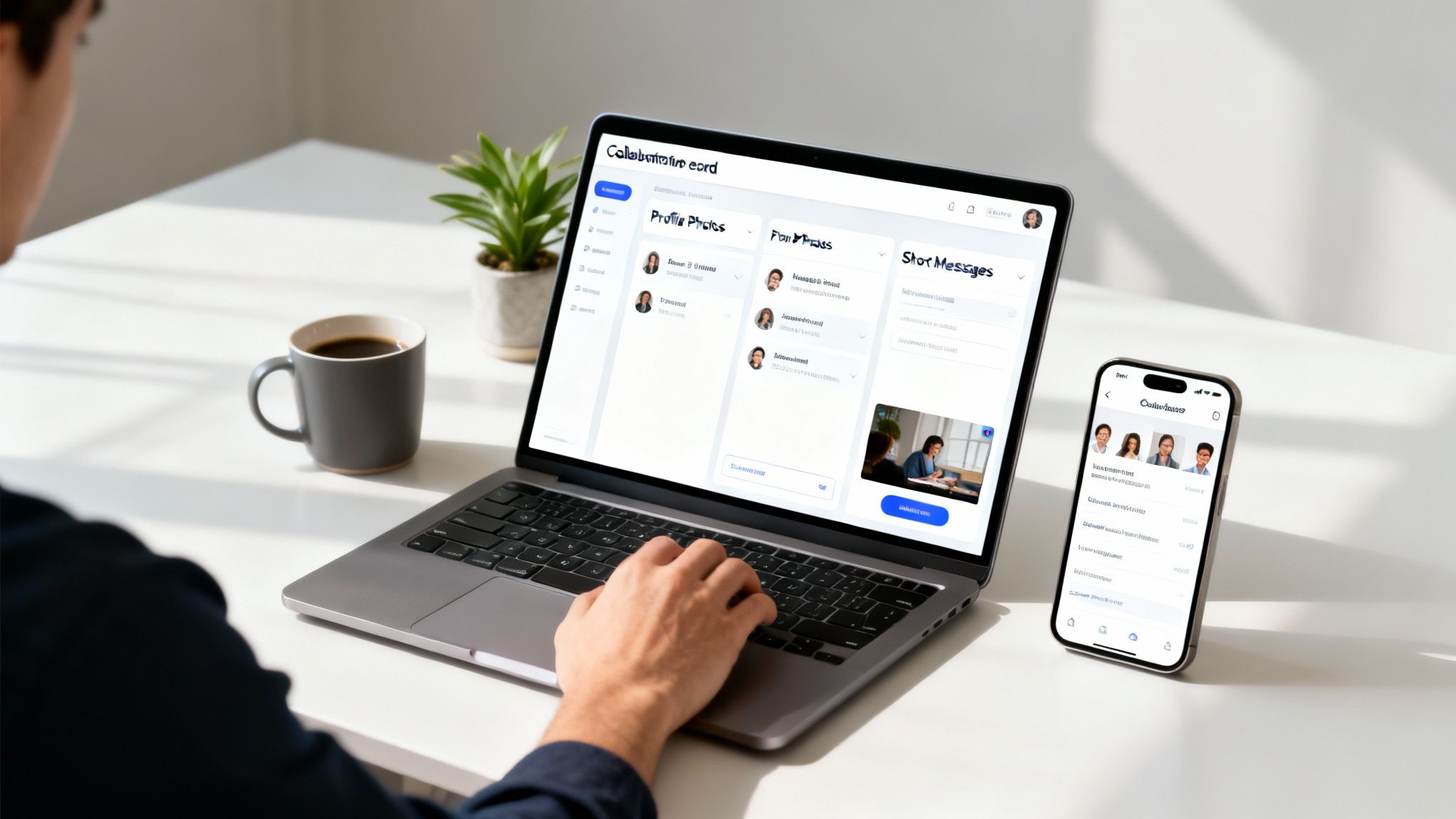 A person types on a laptop while a smartphone displays a messaging app, promoting digital collaboration.