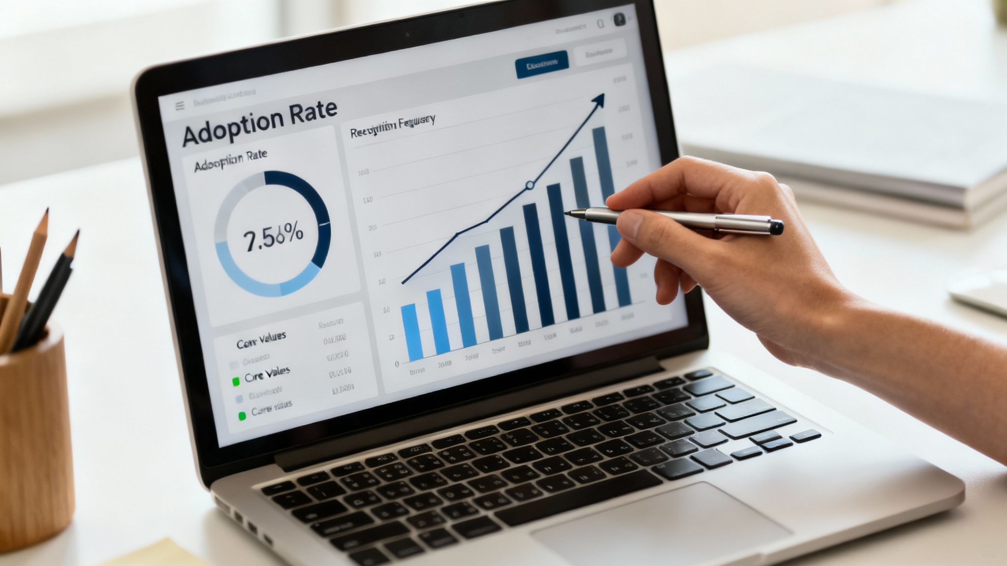 Business professional analyzing adoption rate metrics and recognition frequency chart on laptop screen