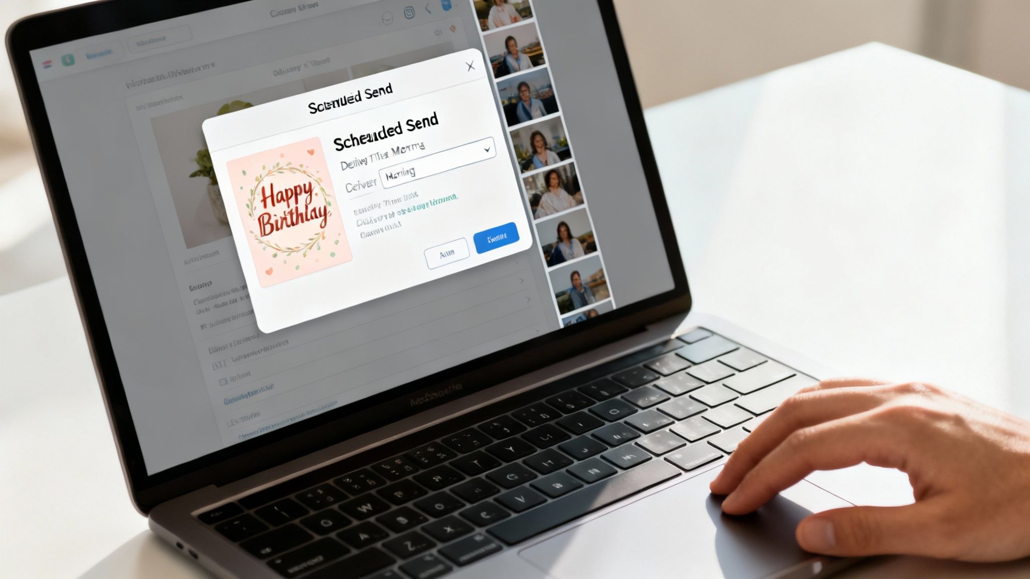 A person uses a laptop to schedule the delivery of a digital happy birthday card.