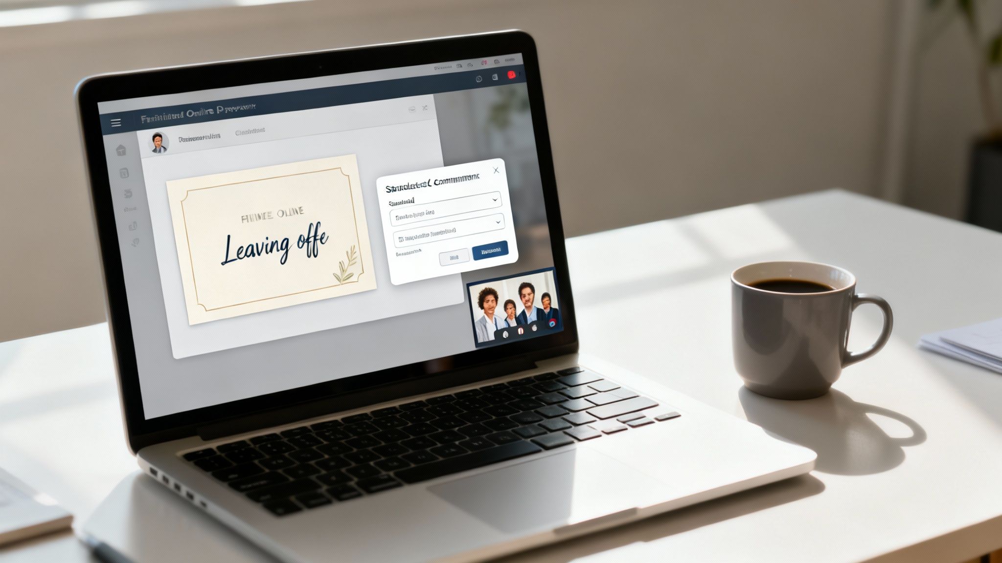 A laptop on a white desk showing an online leaving card, a pop-up, and a video call.