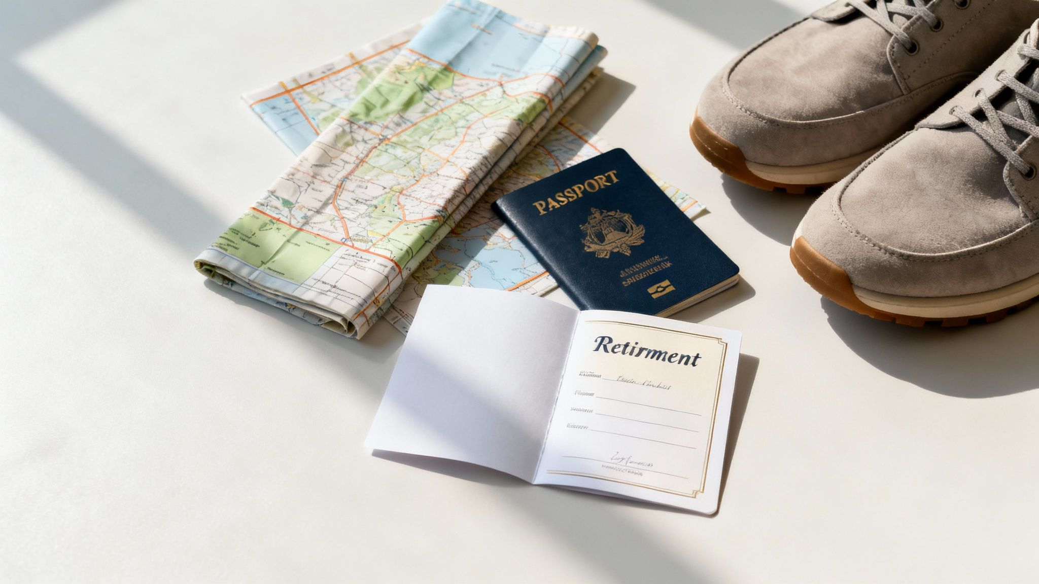 Flat lay of travel essentials: a map, passport, retirement card, and shoes on a white surface.