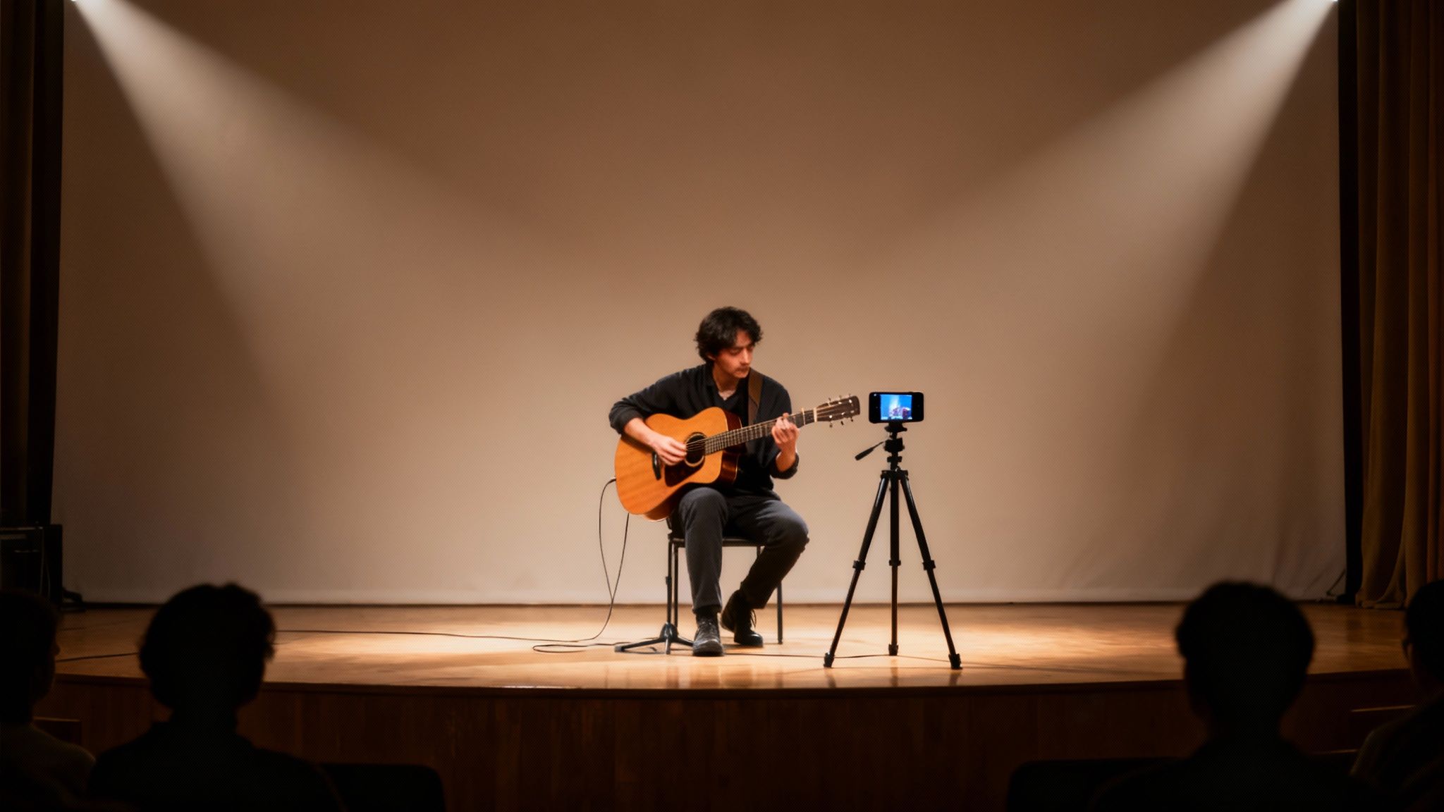 A man playing an acoustic guitar on a spotlighted stage, recorded by a phone on a tripod, with an audience watching.