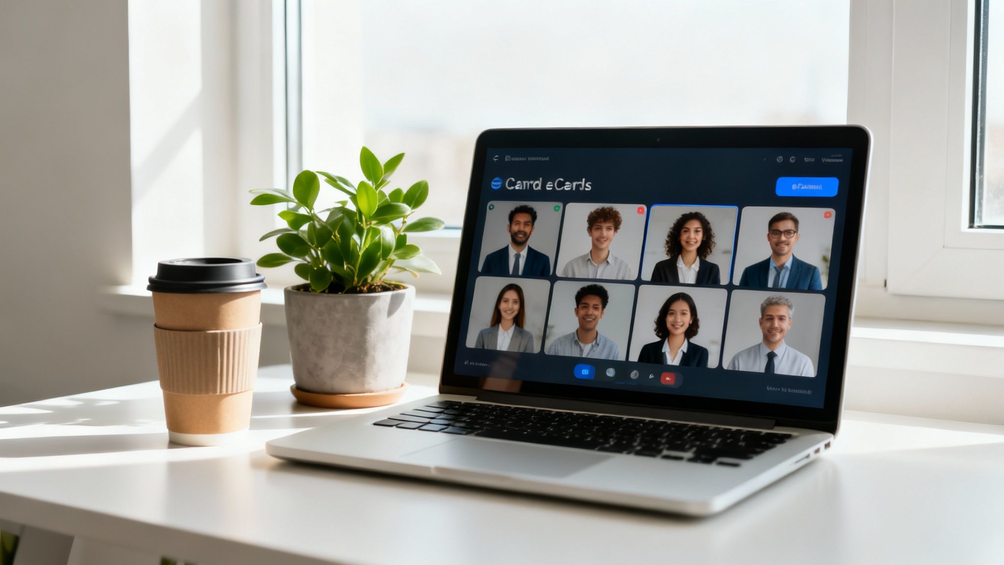 A laptop on a sunlit desk displays a video conference with multiple smiling participants, next to a plant and coffee cups.