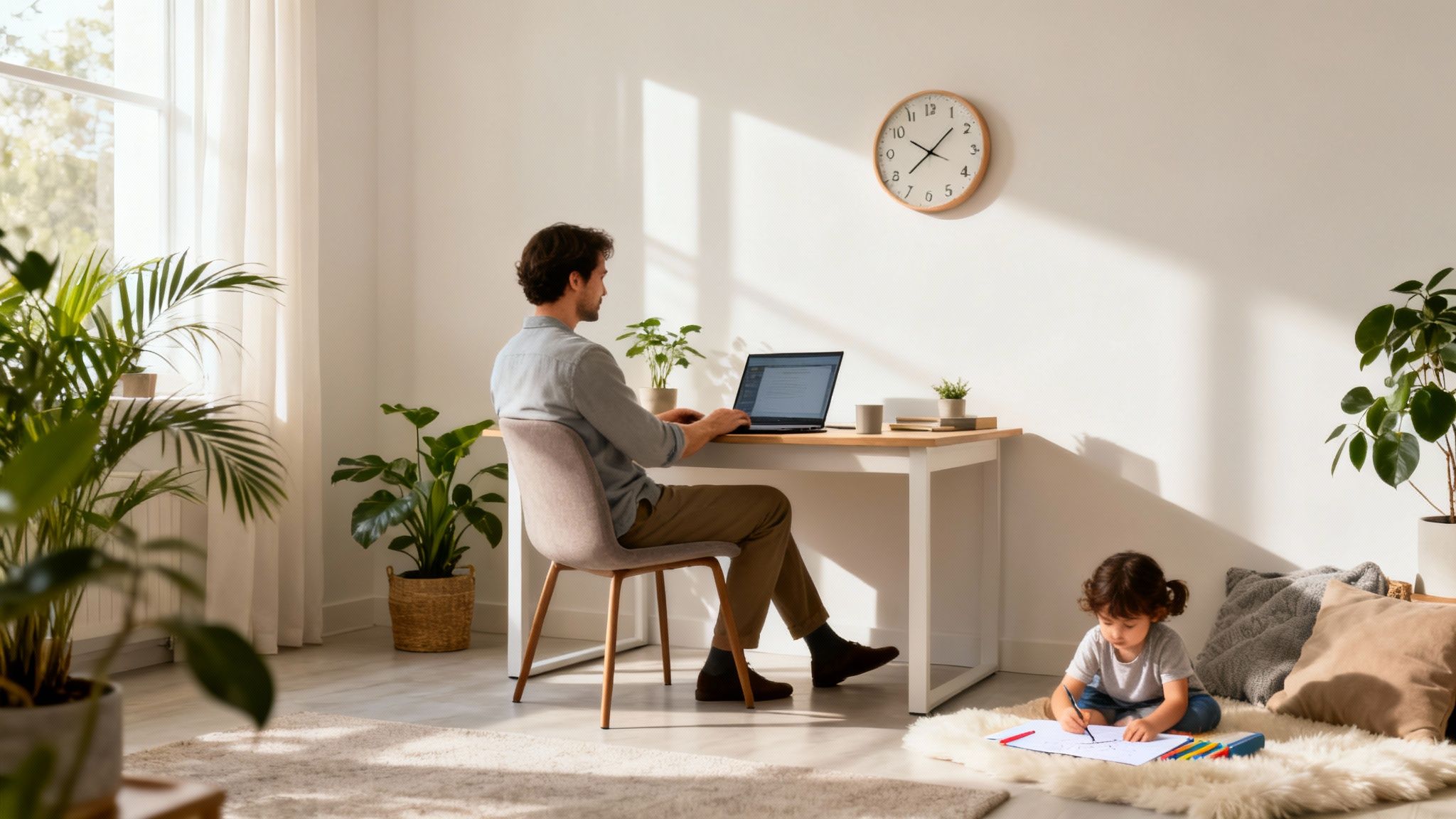 A man works on a laptop at a desk while a child draws on the floor, depicting remote work.