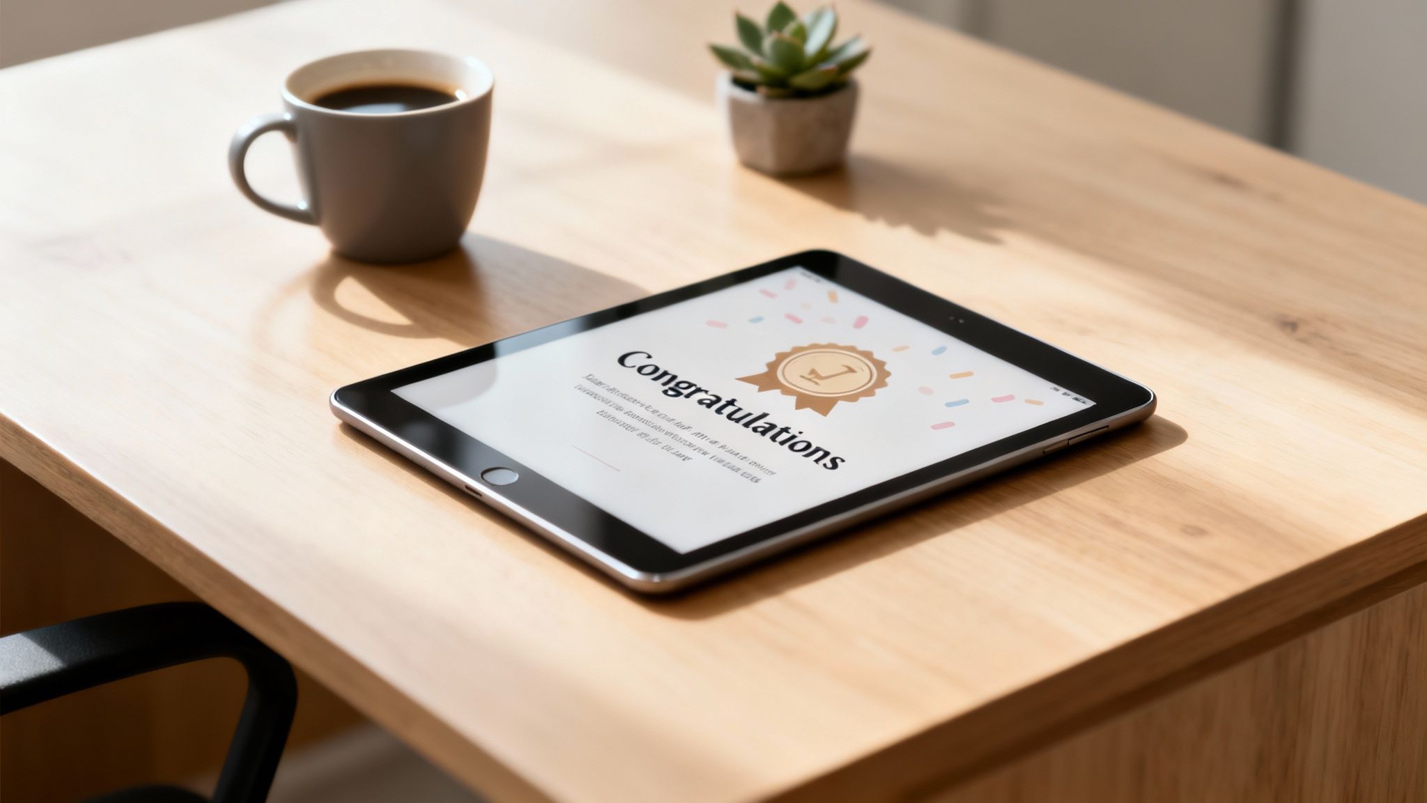 A tablet displays 'Congratulations' with a ribbon on a wooden desk with coffee and a plant.