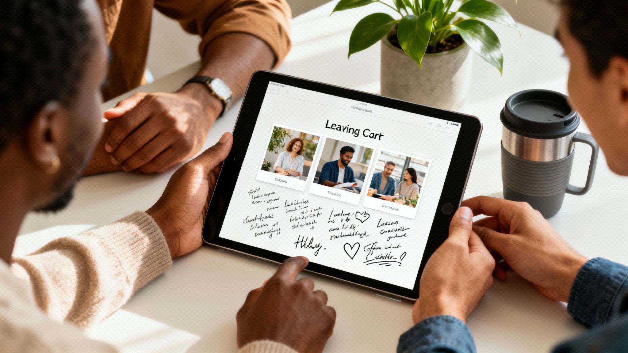 Two people collaborating, looking at a tablet displaying a 'Leaving Cart' screen with photos and handwritten notes.