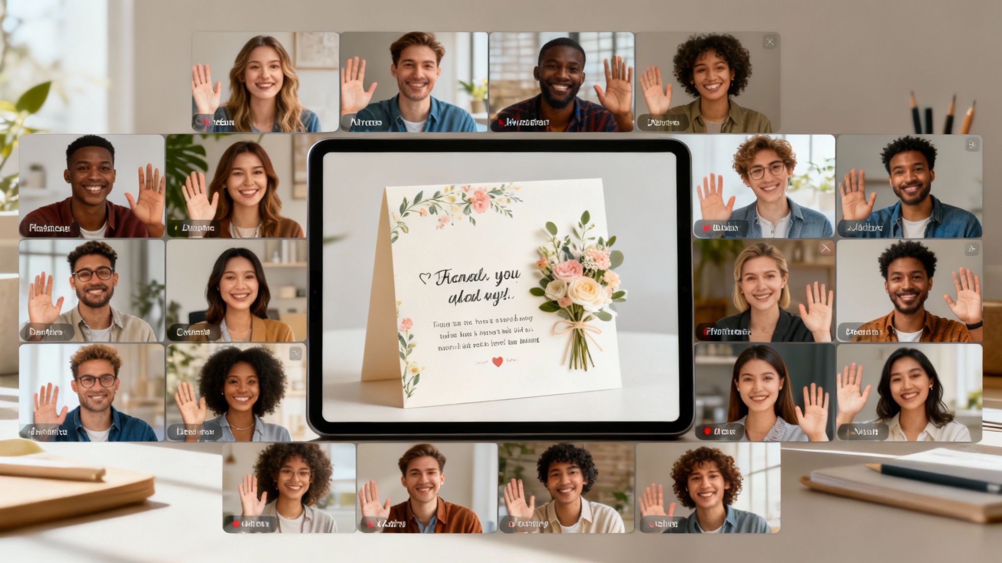 Diverse people waving in a video conference call, surrounding a tablet displaying a floral thank you e-card.