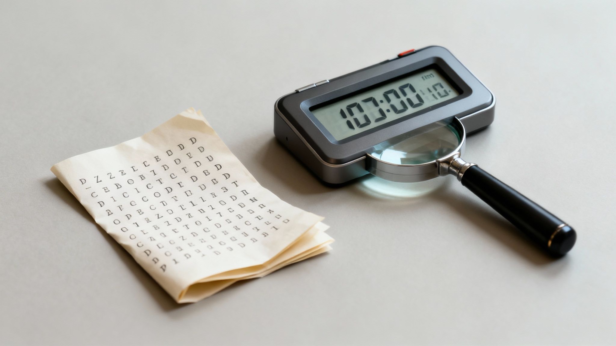 A digital timer, magnifying glass, and a coded paper on a table, hinting at a puzzle.