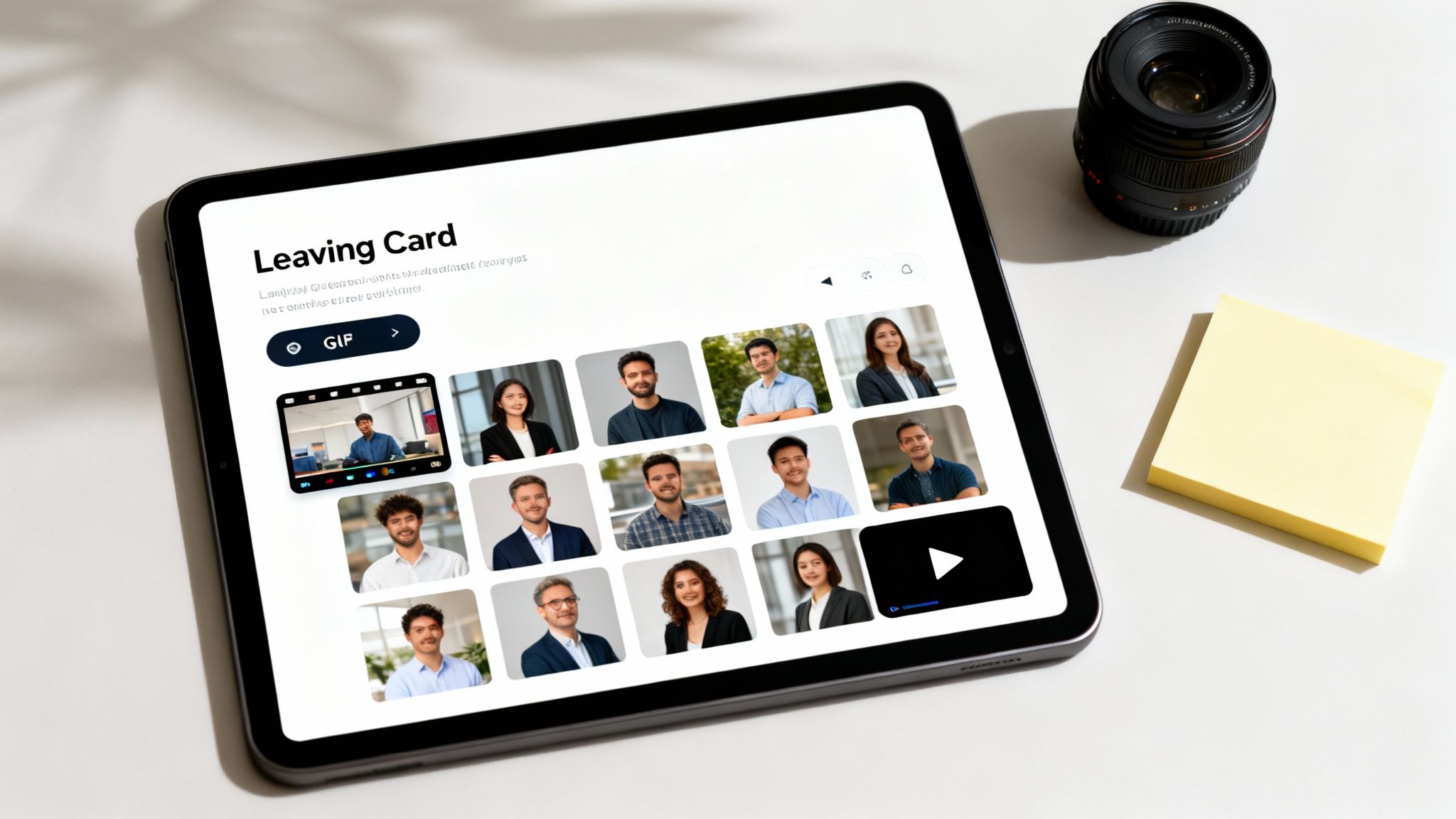 A tablet displays an online leaving card with a grid of diverse staff photos, video, and GIF option.