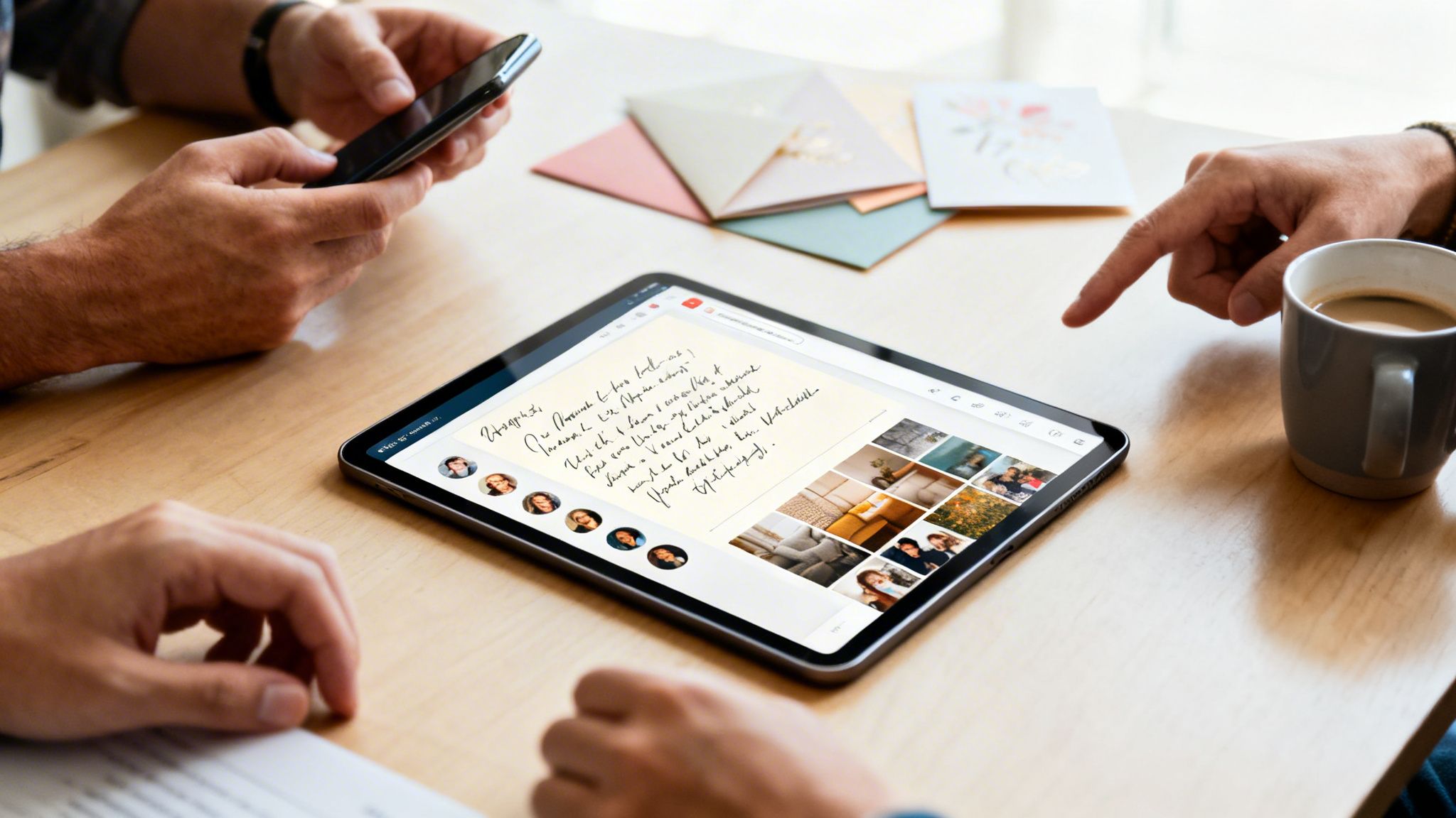 Two people interact with a tablet showing a digital group card with handwritten text and photos.