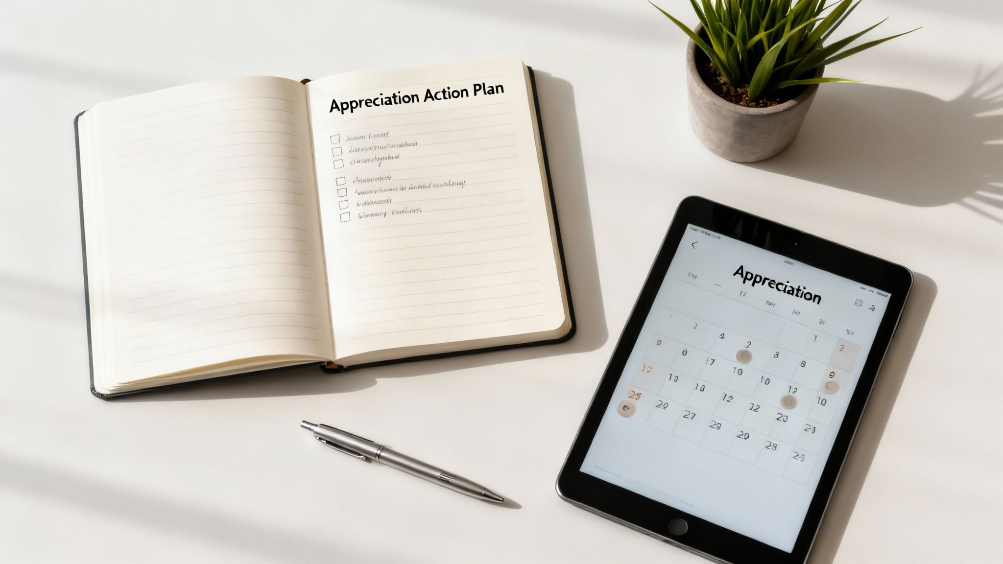 Open notebook with appreciation action plan checklist beside tablet showing calendar and potted plant